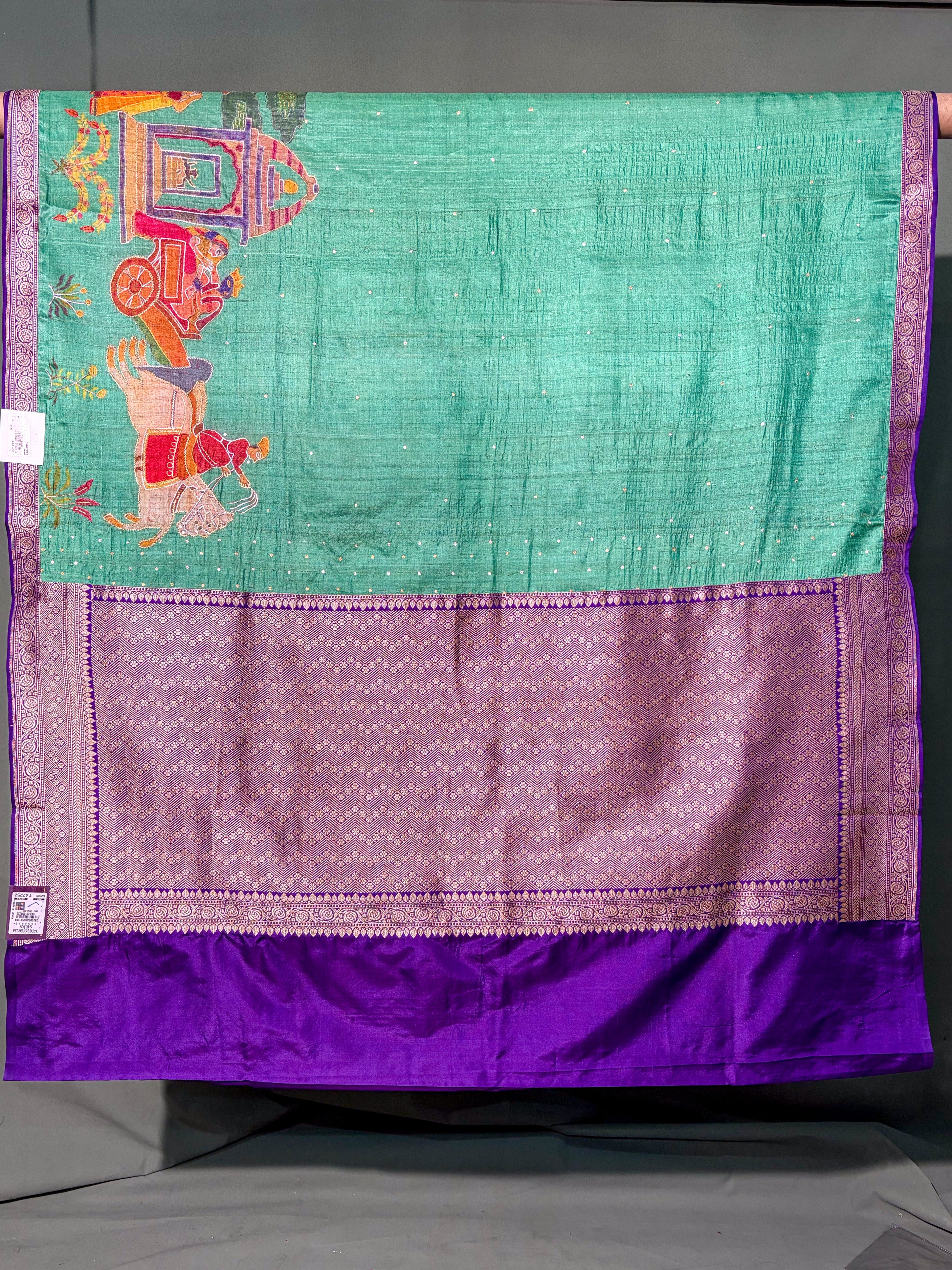 Founder Choice 056: Jungle Green Pure Handloom Tussar Silk Saree with Hand Painted Art