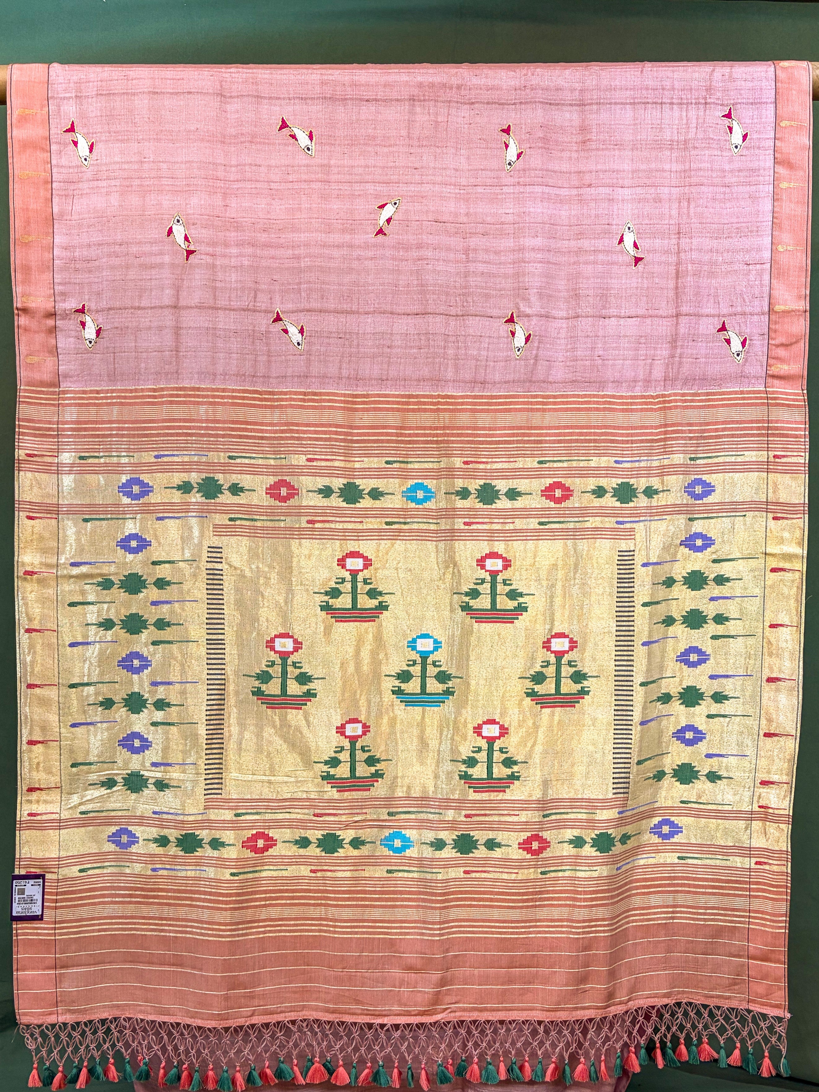 Founder Choice 057: Light Blush Pink Pure Handloom Tussar Silk Saree with Paithani Work