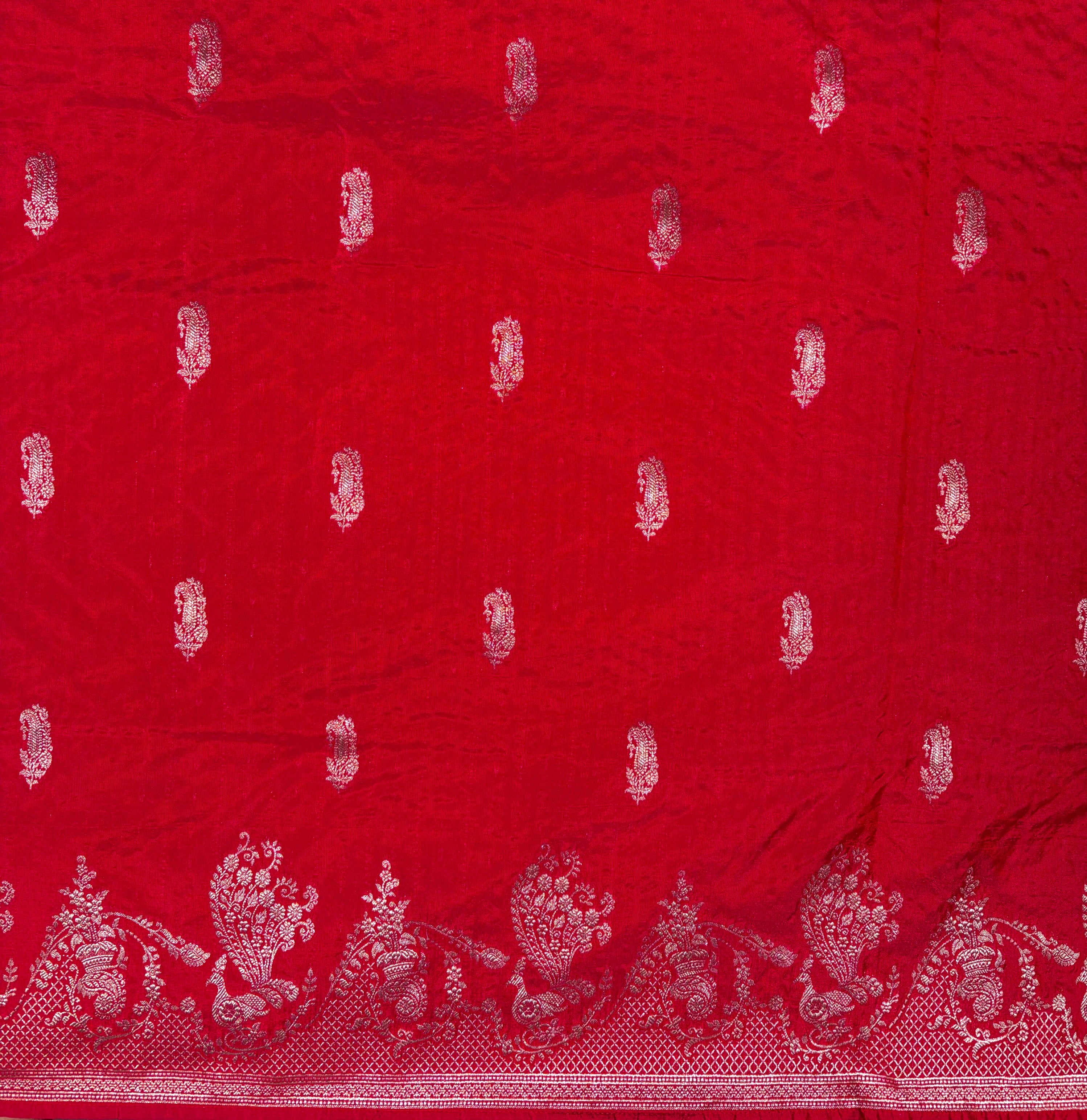 WAAH BANARAS 102: Crimson Pink Semi Katan Silk Saree with Classic Zari Motifs
