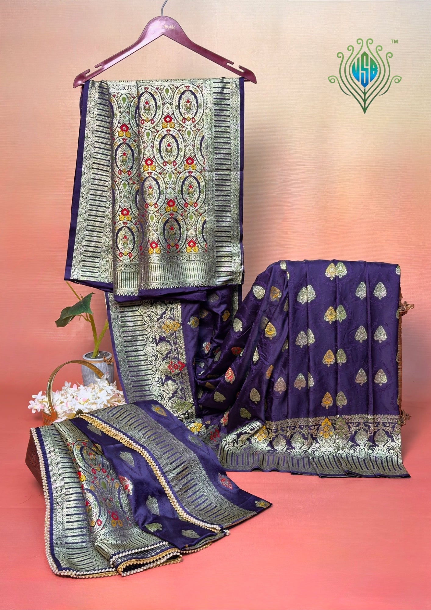 UTSAV BANARAS 419: Deep Violet Satin Mashru Silk Saree with Resham Weaving, Meenakari Floral Border & Matching Dupatta