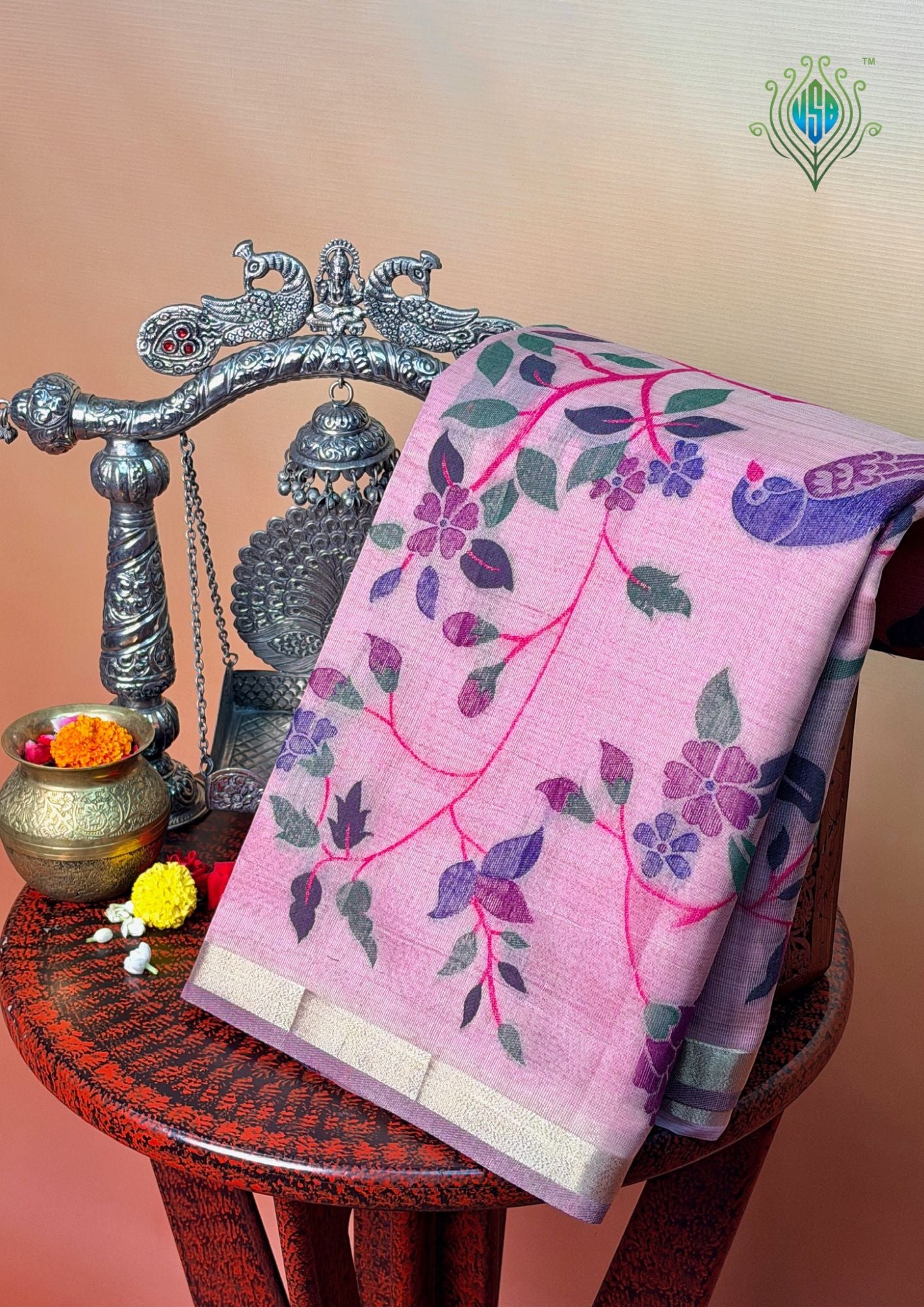 Utsav Banaras 455: Blush Pink Cotton Saree with Multicolor Resham Bird & Floral Work