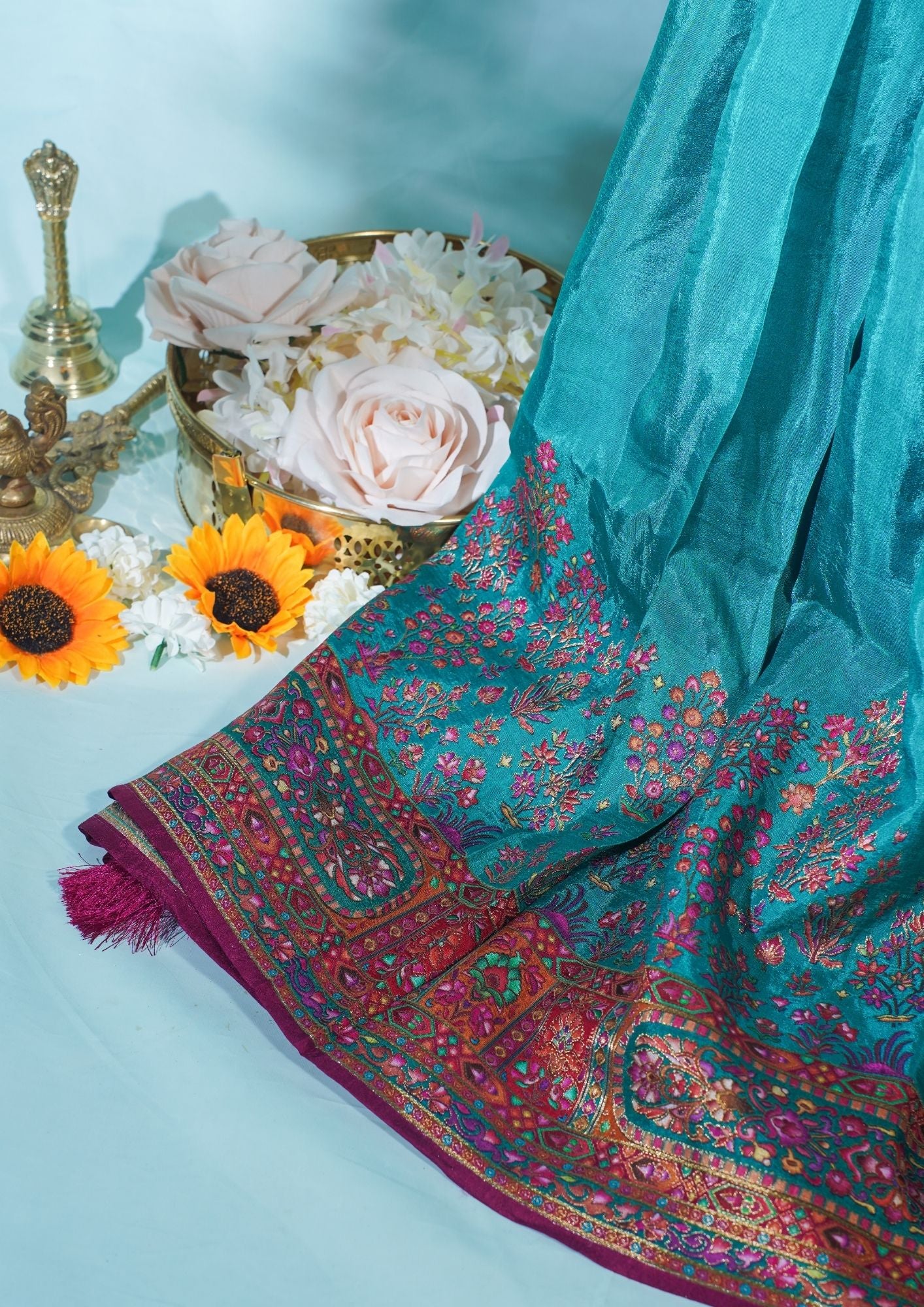 "Waah Banaras 068" Banarasi Turquoise Meenakari Pashmina Silk Saree