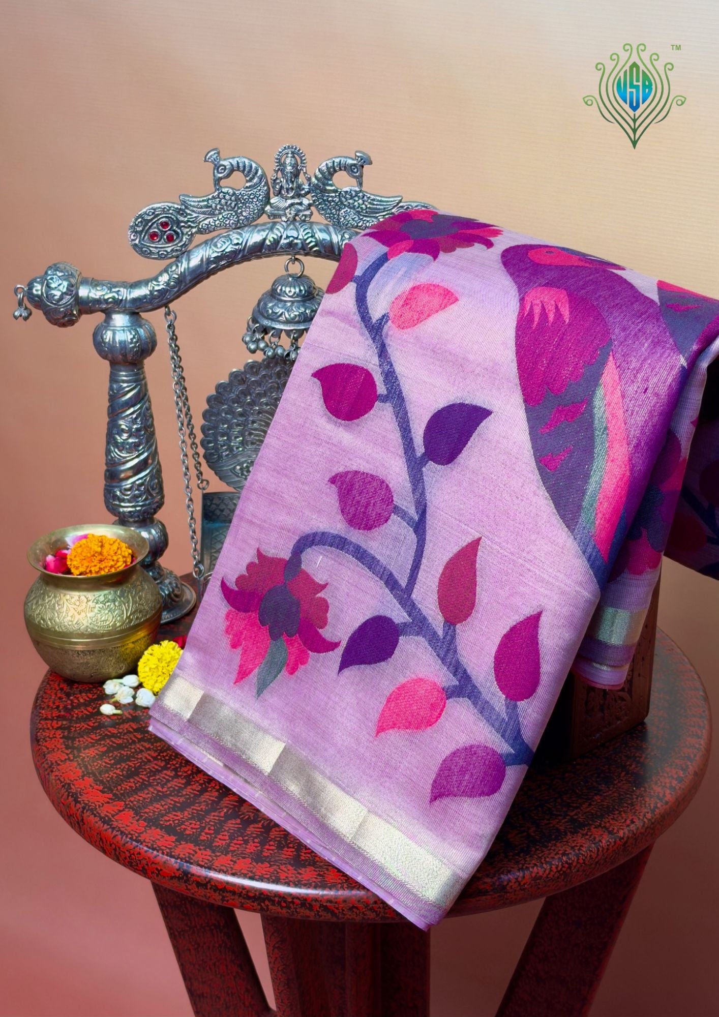 UTSAV BANARAS 463: Lavender Pink Cotton Saree with Multicolor Resham Bird & Floral Work