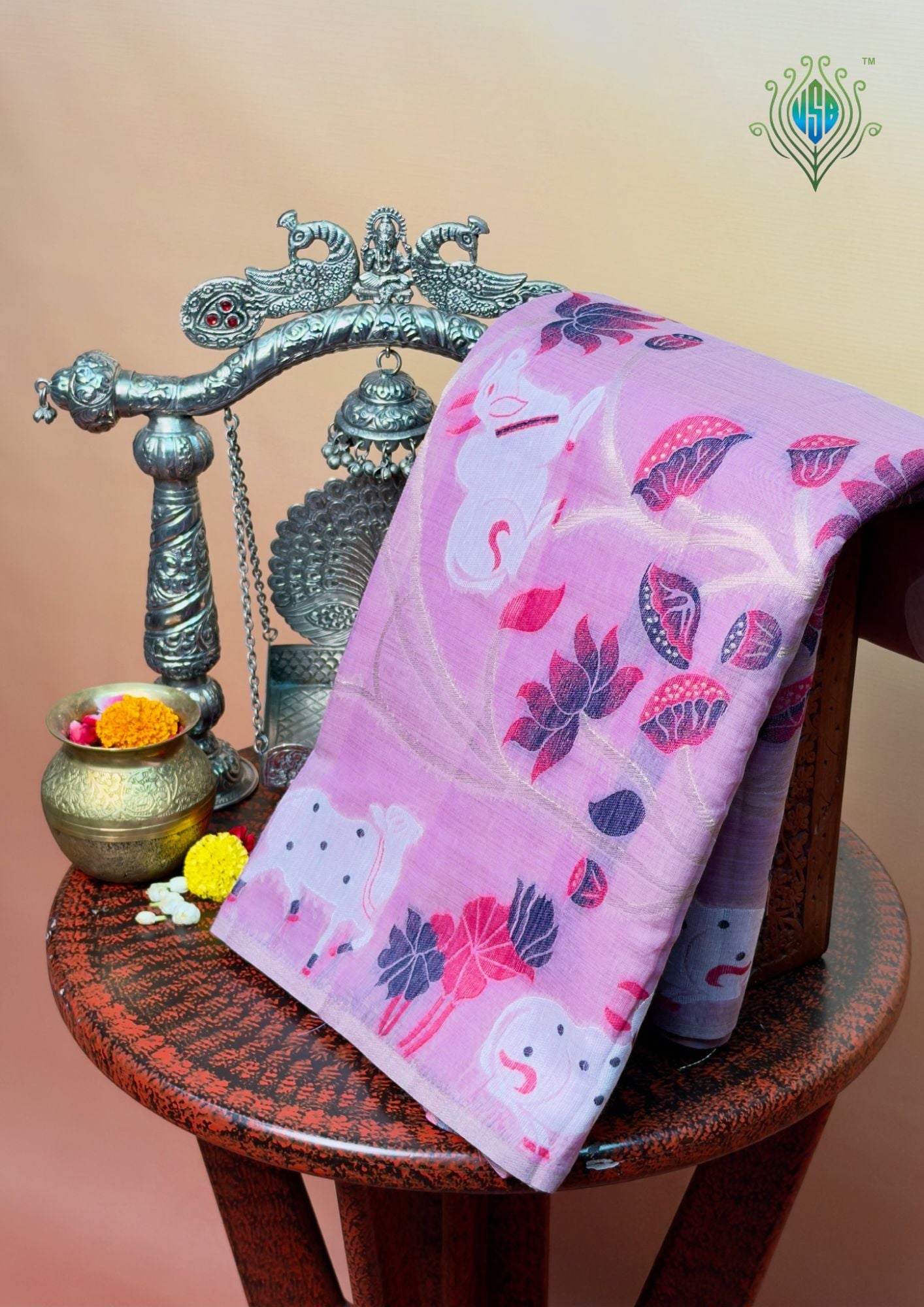 Utsav Banaras 457: Dusty Mauve Cotton Saree with Resham Nandi Motif & Traditional Folk Art Work