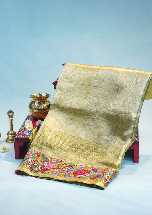 "VIRASAT 207" Banarasi Golden Pure Kanjivaram Silk Saree With Handcrafted Cross Stitch Work