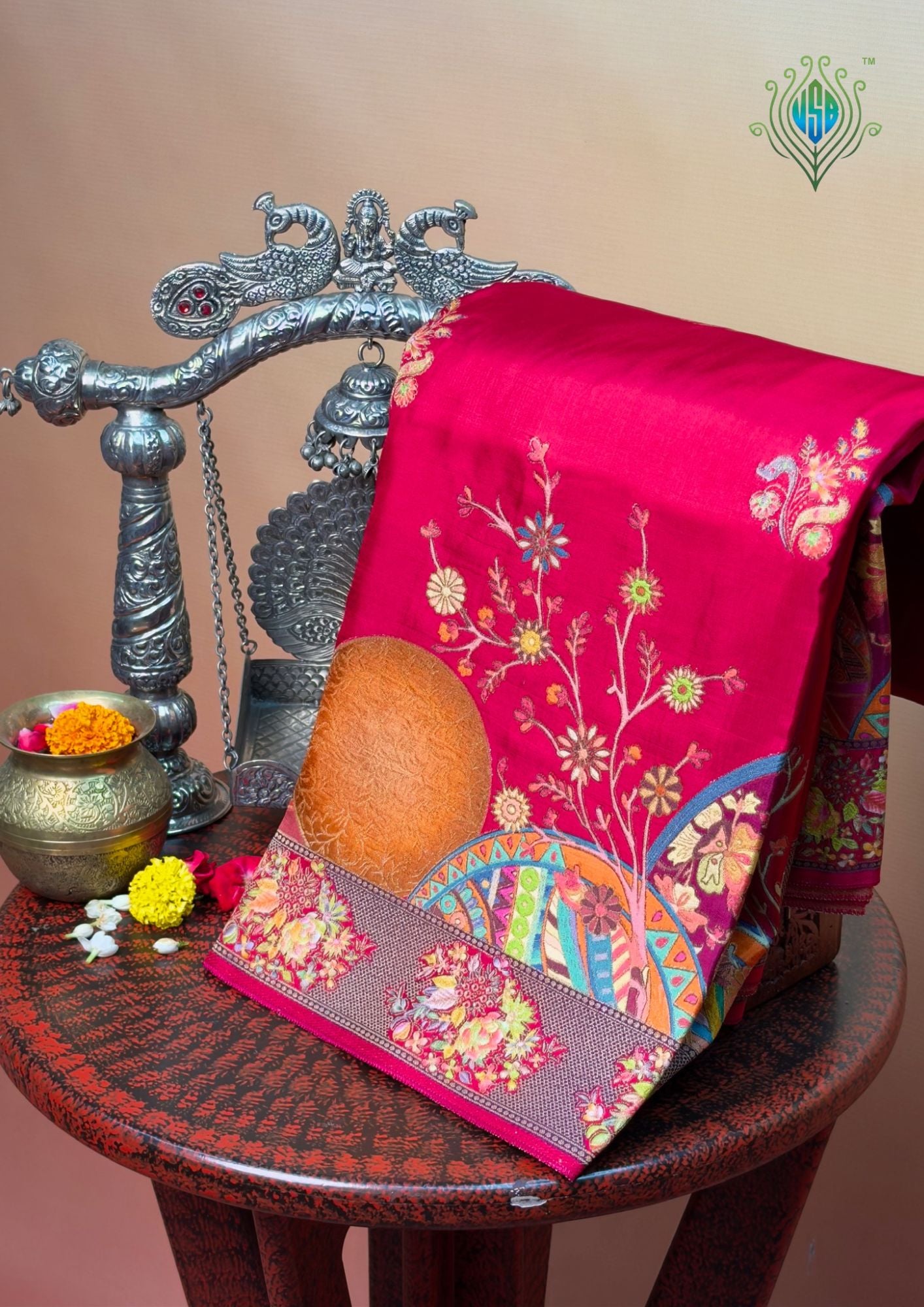 UTSAV BANARAS 476H: Deep Blue Butter Silk Saree with Royal Paisley Position Print & Contrast Blouse