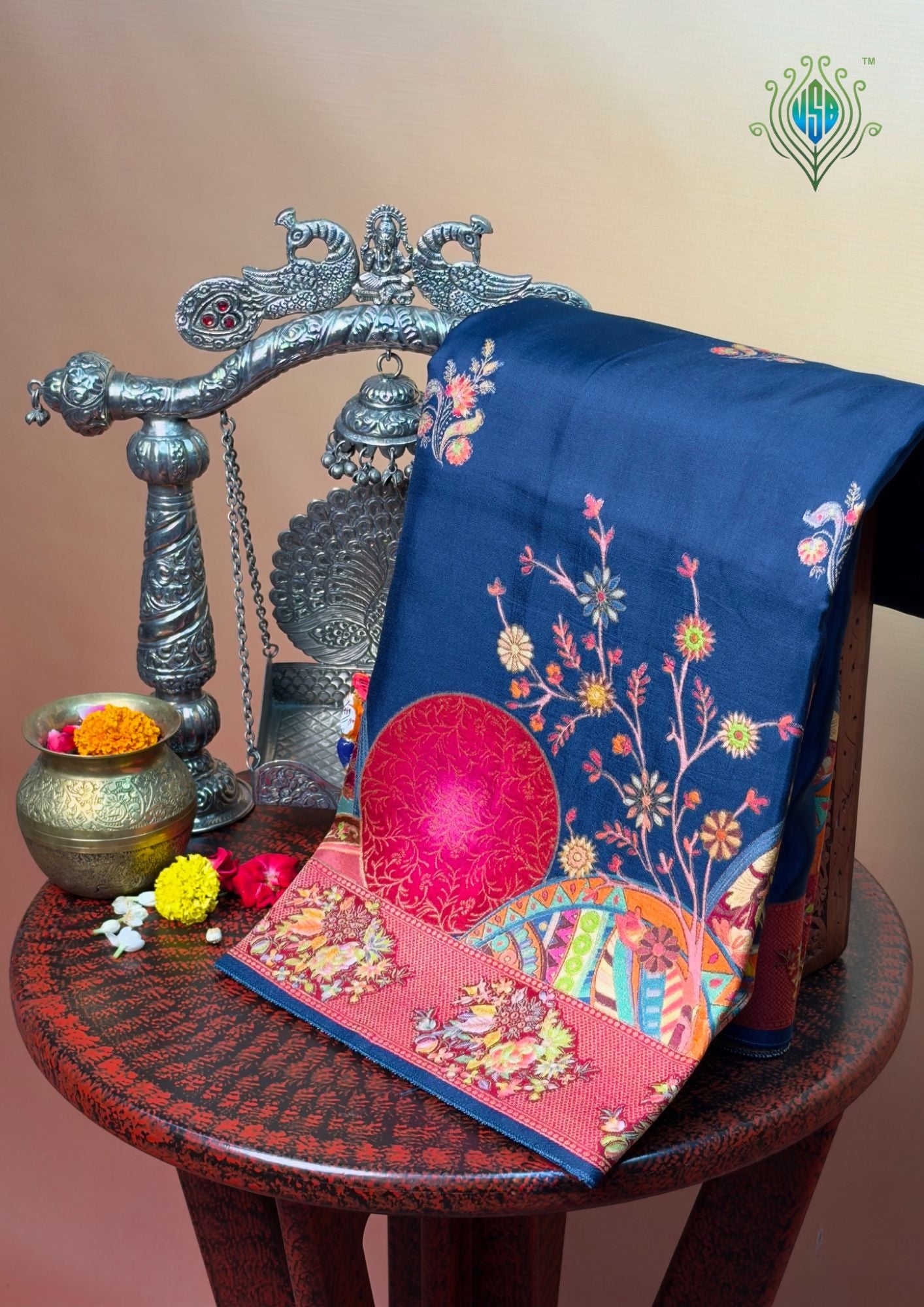 UTSAV BANARAS 476H: Deep Blue Butter Silk Saree with Royal Paisley Position Print & Contrast Blouse