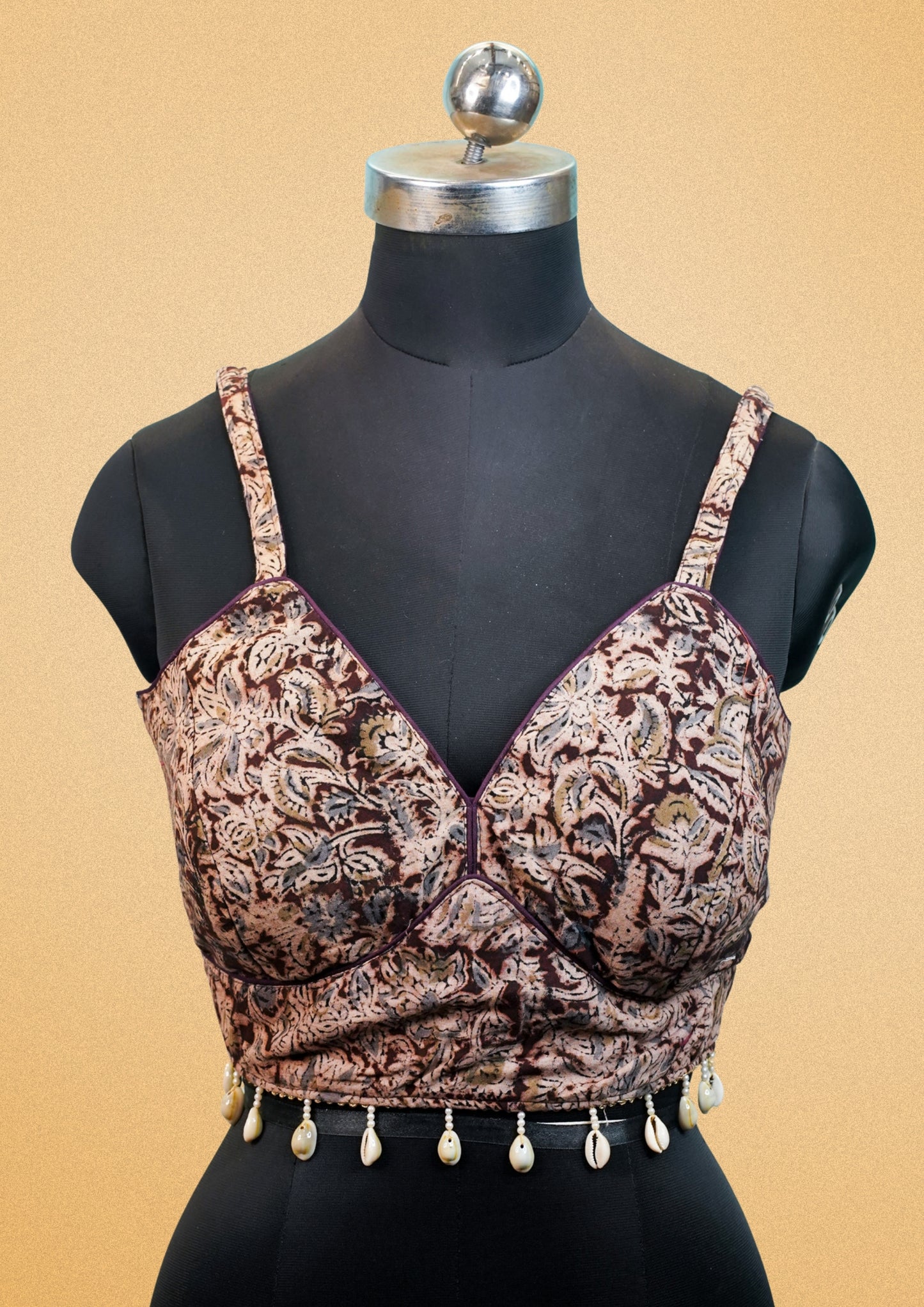 "RDM BL 004" Banarasi Beige Floral Printed Blouse with Shell Tassels