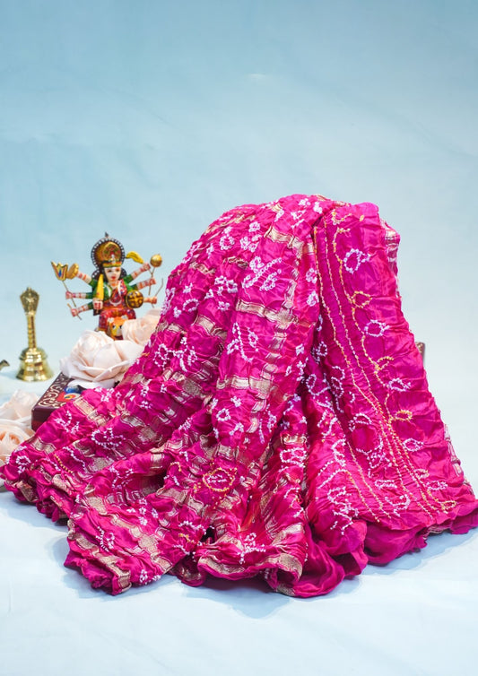 "VIRASAT 110B" Banarasi Vibrant Magenta Pink Pure Gajji Ghat Chola Bandhej Handloom Saree
