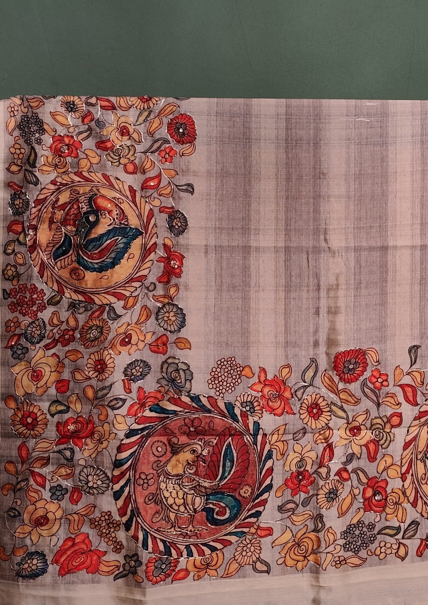 "UTSAV BANARAS 284" Banarasi Beige Handwork Raw Silk Saree With Kalamkari Bird Motifs