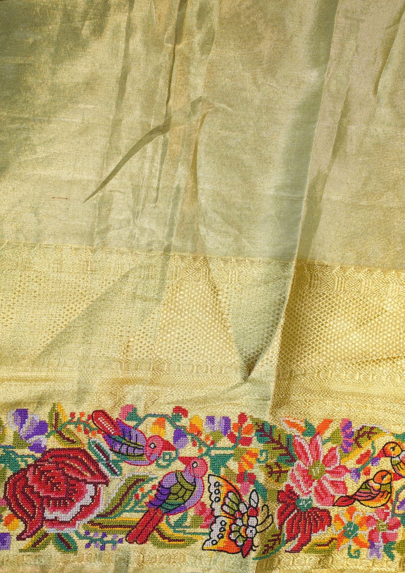 "Founder Choice 043" Banarasi Golden Pure Kanjivaram With Tissue Saree With Handcrafted Cross Stitch Work