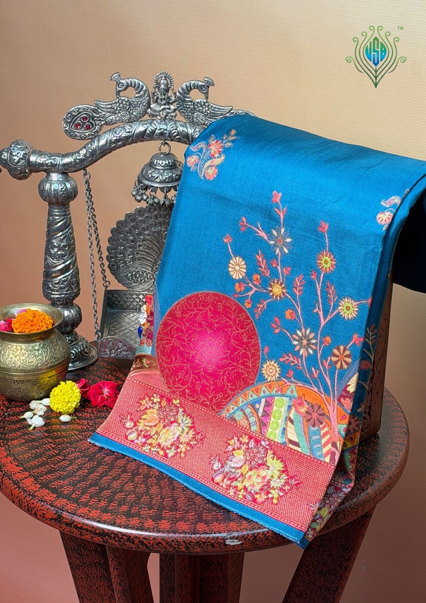 UTSAV BANARAS 476H: Deep Blue Butter Silk Saree with Royal Paisley Position Print & Contrast Blouse