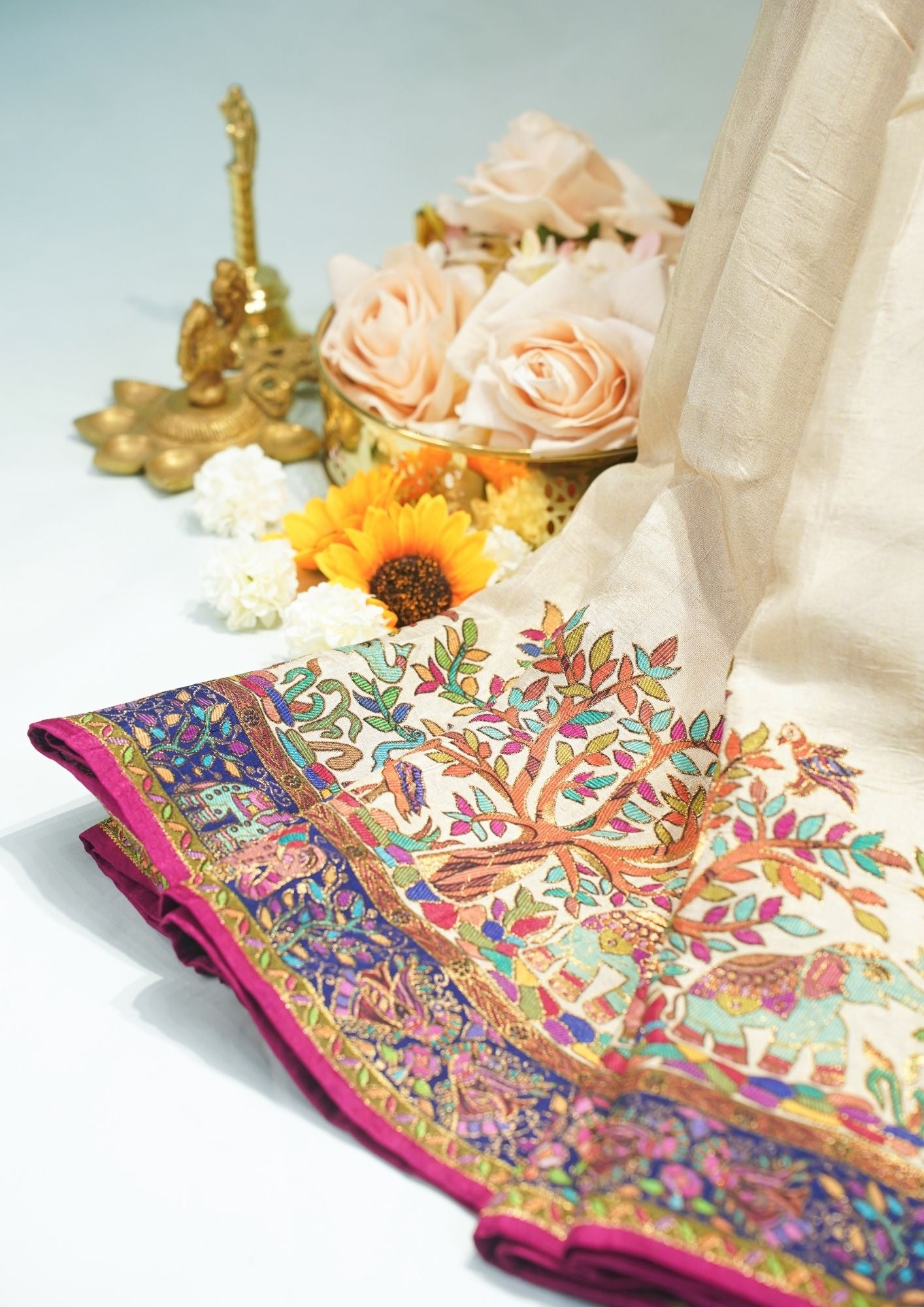 "Waah Banaras 067" Banarasi Ivory White Meenakari Pashmina Silk Saree