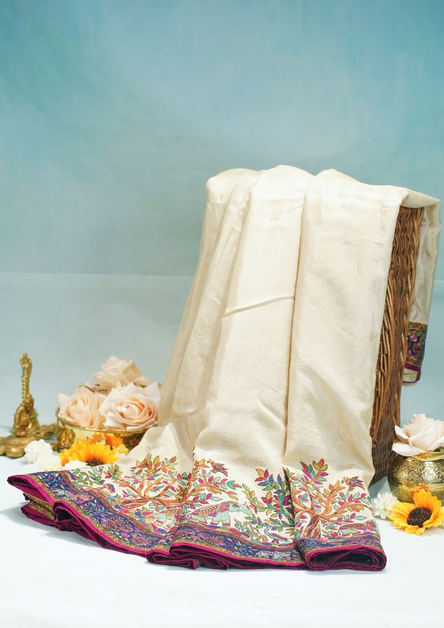 "Waah Banaras 067" Banarasi Ivory White Meenakari Pashmina Silk Saree