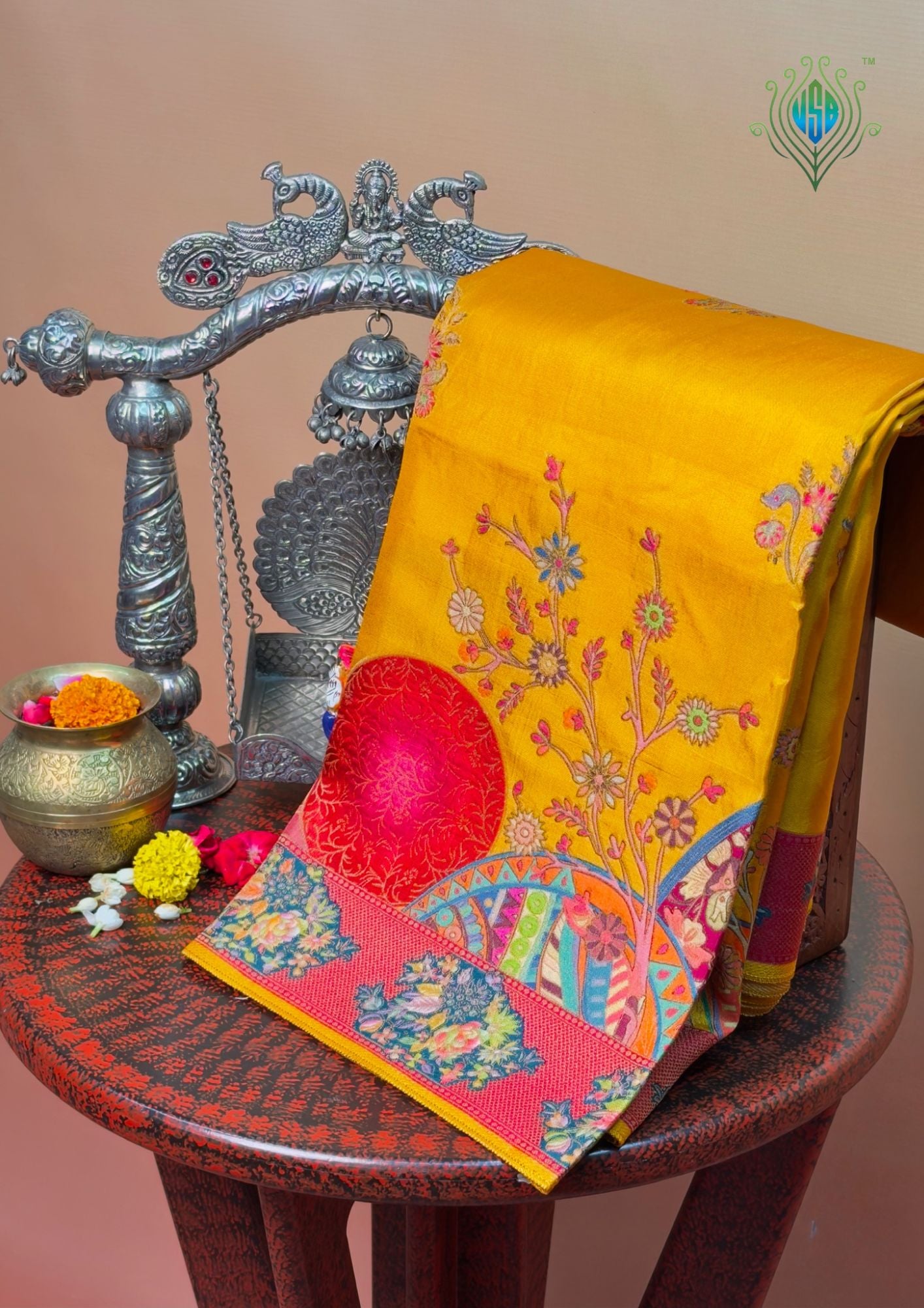 UTSAV BANARAS 476H: Deep Blue Butter Silk Saree with Royal Paisley Position Print & Contrast Blouse