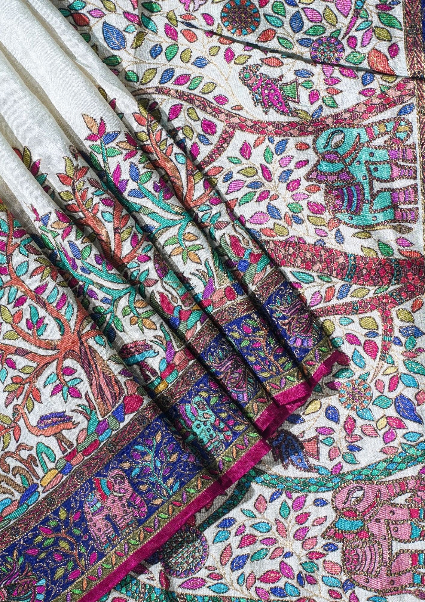 "Waah Banaras 067" Banarasi Ivory White Meenakari Pashmina Silk Saree