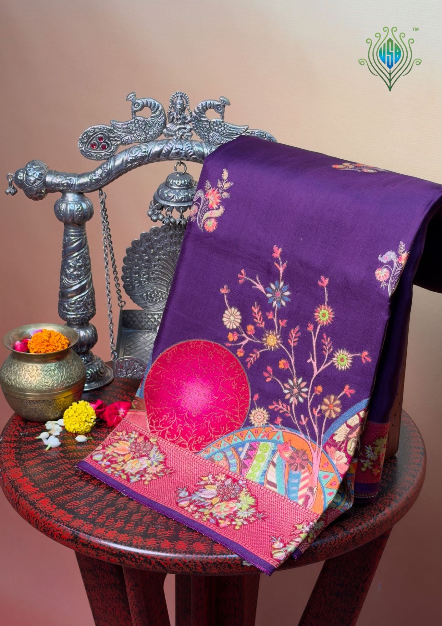 UTSAV BANARAS 476H: Deep Blue Butter Silk Saree with Royal Paisley Position Print & Contrast Blouse