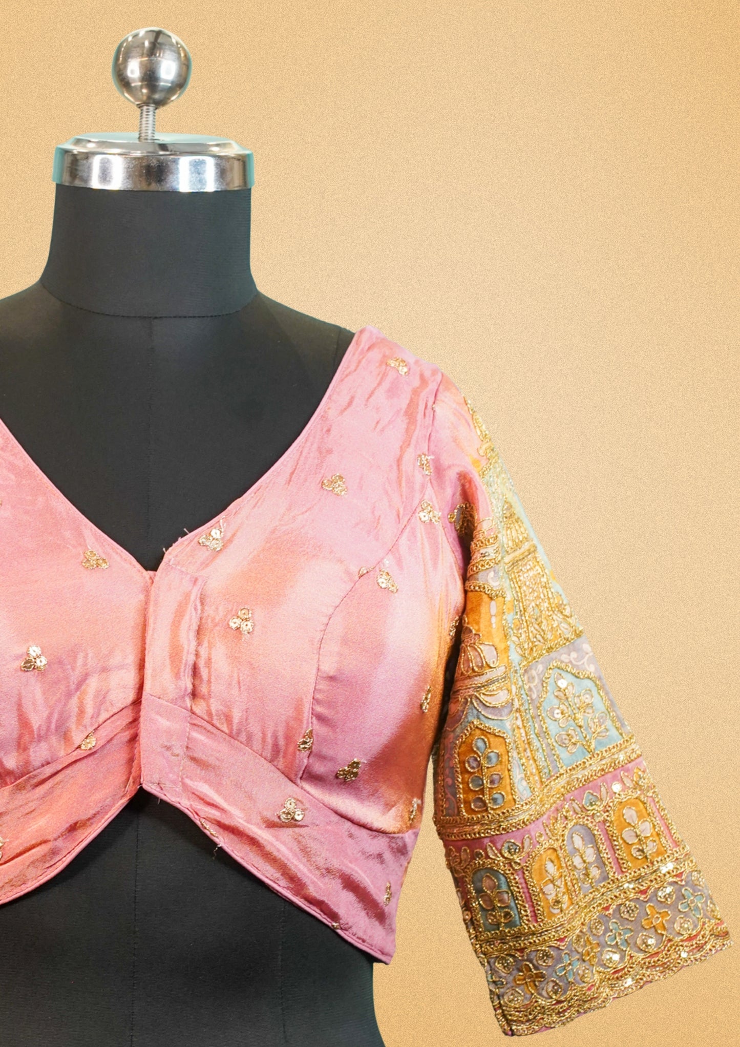 "RDM BL 018" Banarasi Designer Pink Blouse With Golden Embroidery & Heavy Work Sleeves