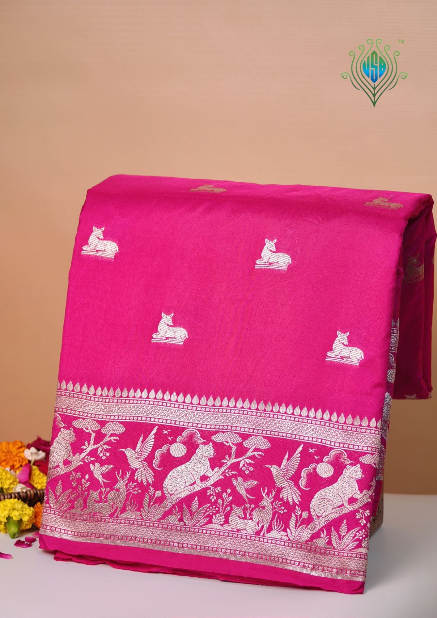 Waah Banaras 180: Rich Rani Semi Katan Silk Saree With Beautiful Bird Border
