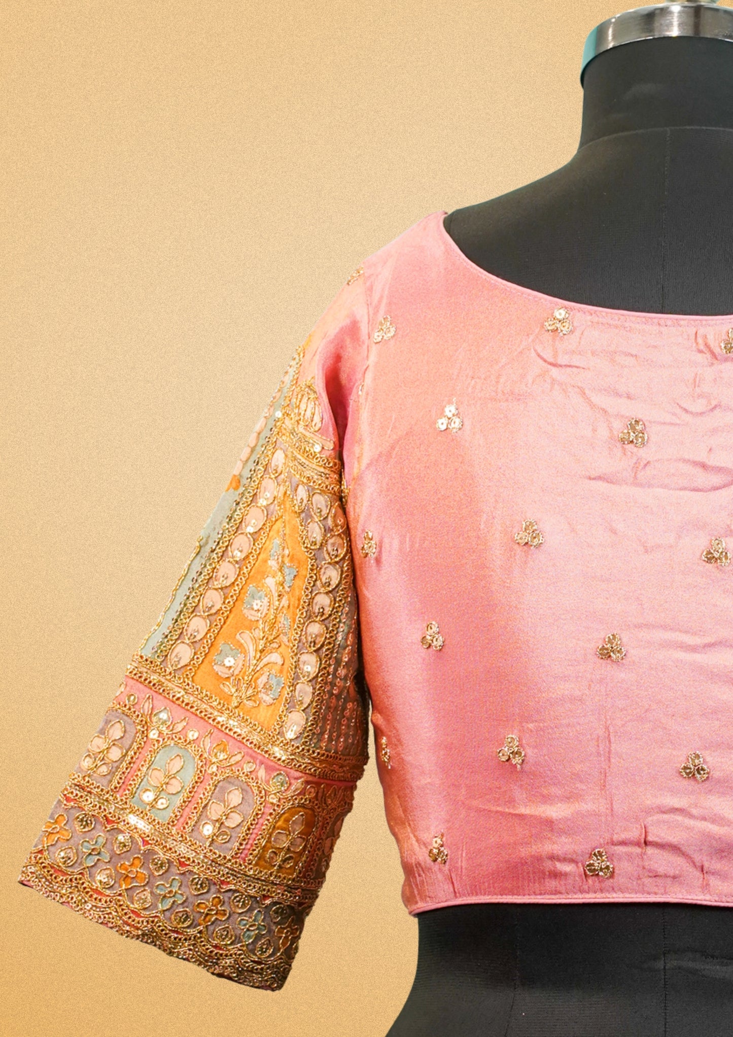 "RDM BL 018" Banarasi Designer Pink Blouse With Golden Embroidery & Heavy Work Sleeves