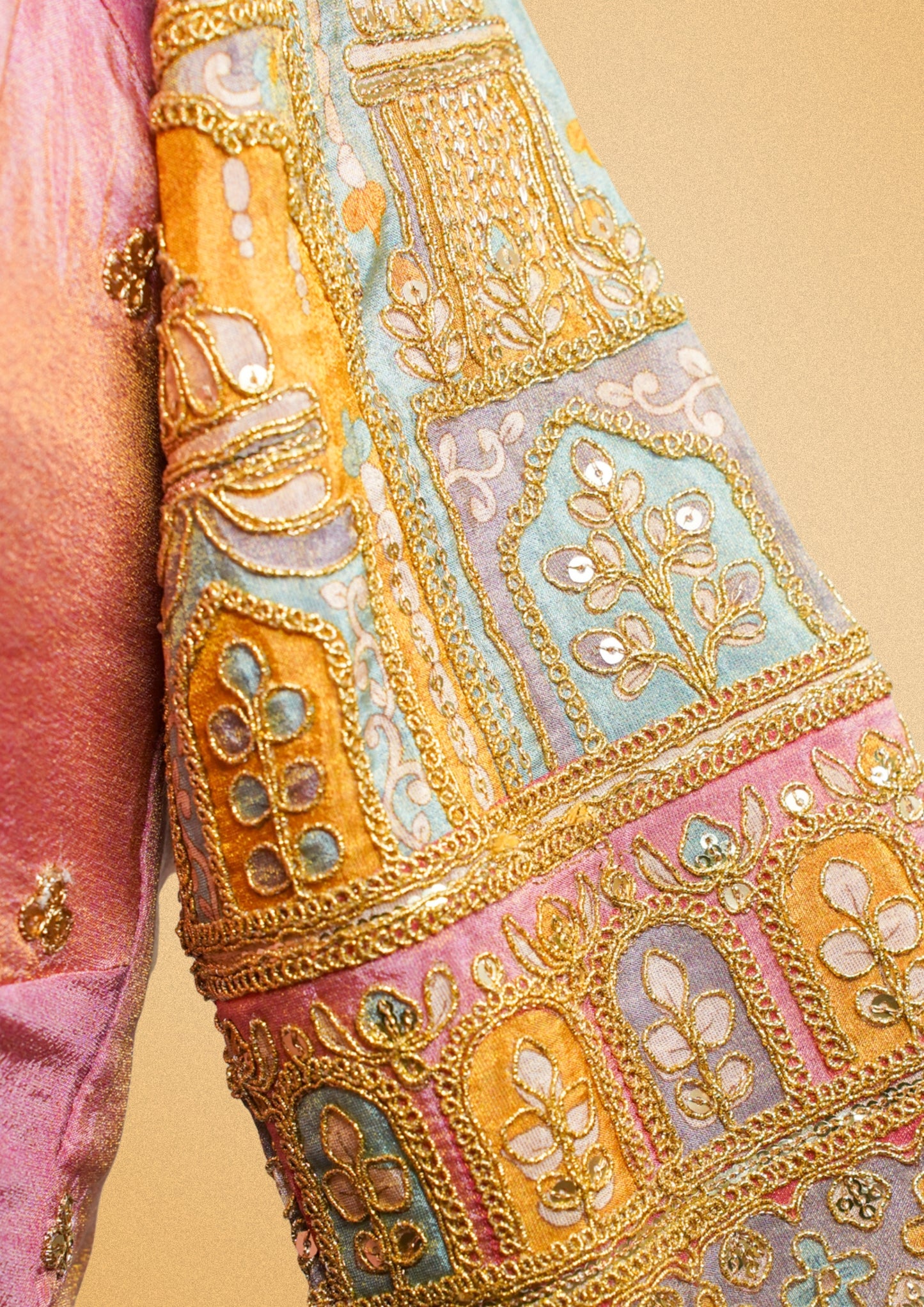 "RDM BL 018" Banarasi Designer Pink Blouse With Golden Embroidery & Heavy Work Sleeves