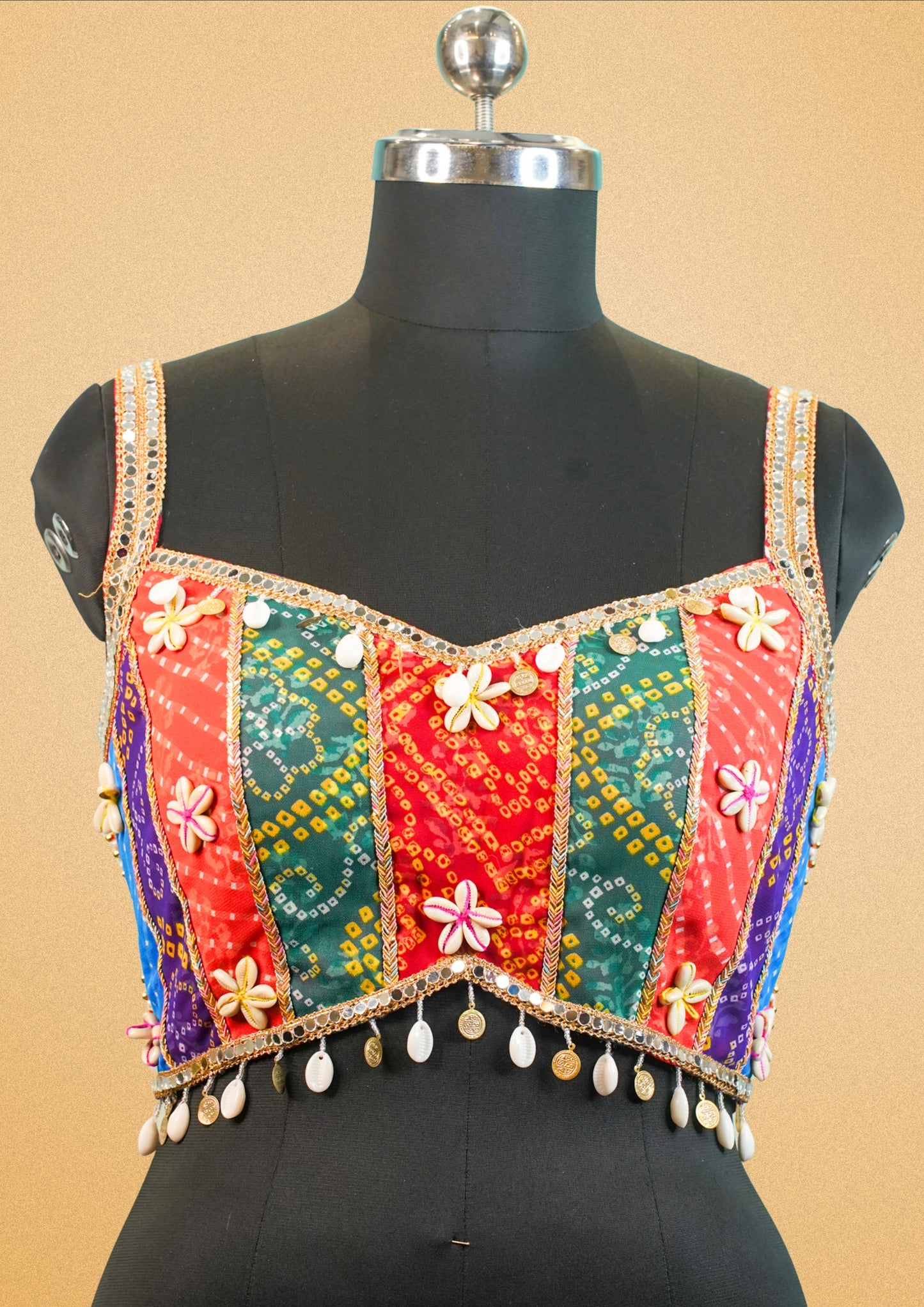 "RDM BL 028" Banarasi Bandhani Blouse Mirror Work Choli With Cowrie Shells & Embroidery