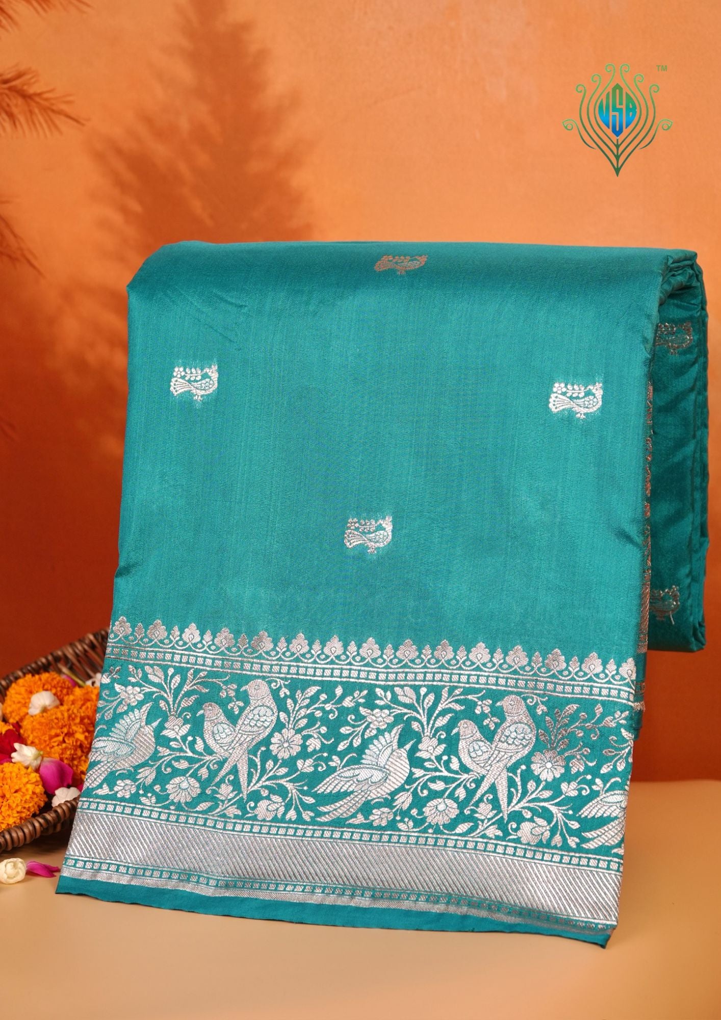 Waah Banaras 181: Sea Green Semi Katan Silk Saree With Beautiful Bird Border