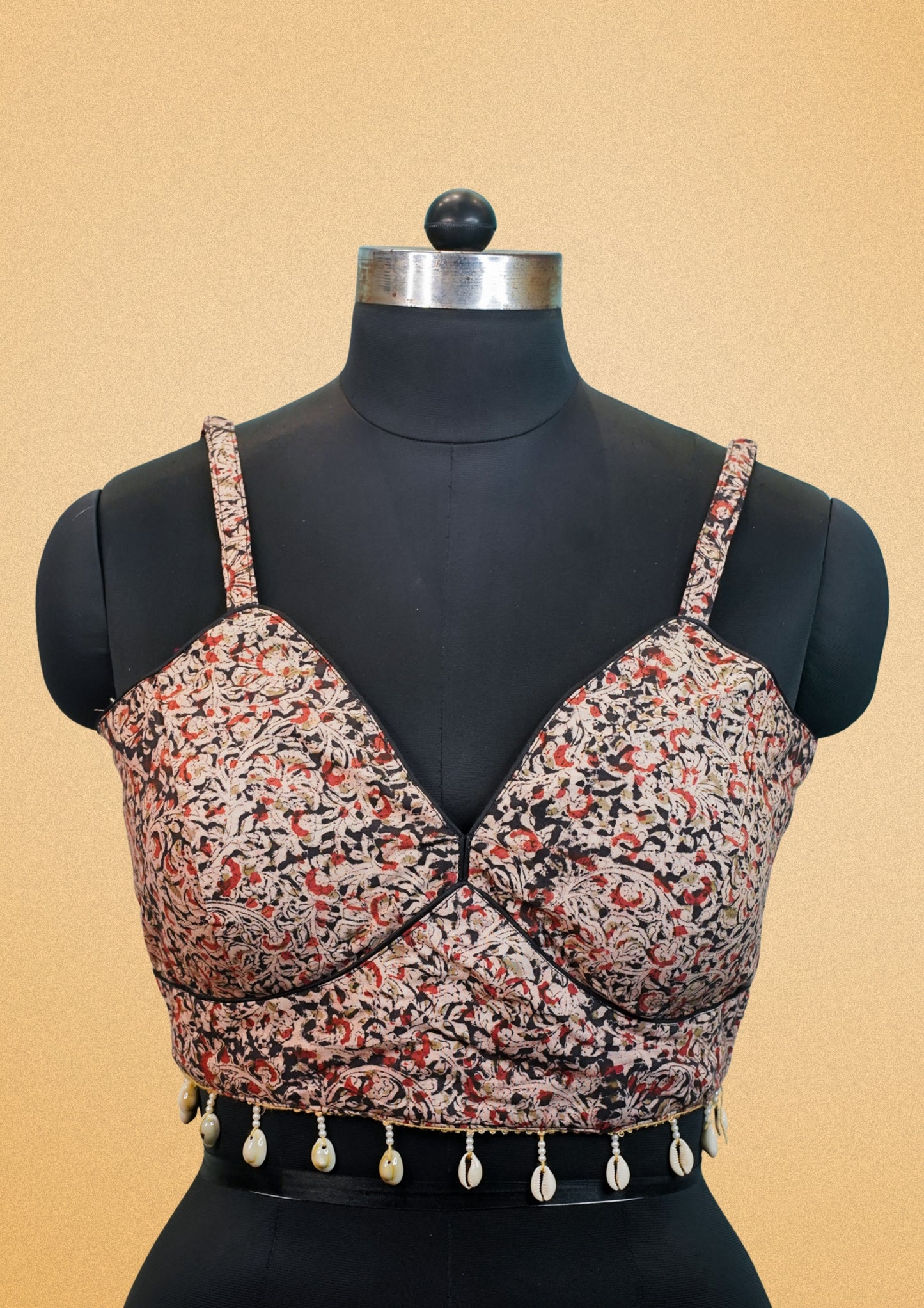"RDM BL 006" Banarasi Black & Red Printed Blouse with Shell Tassels