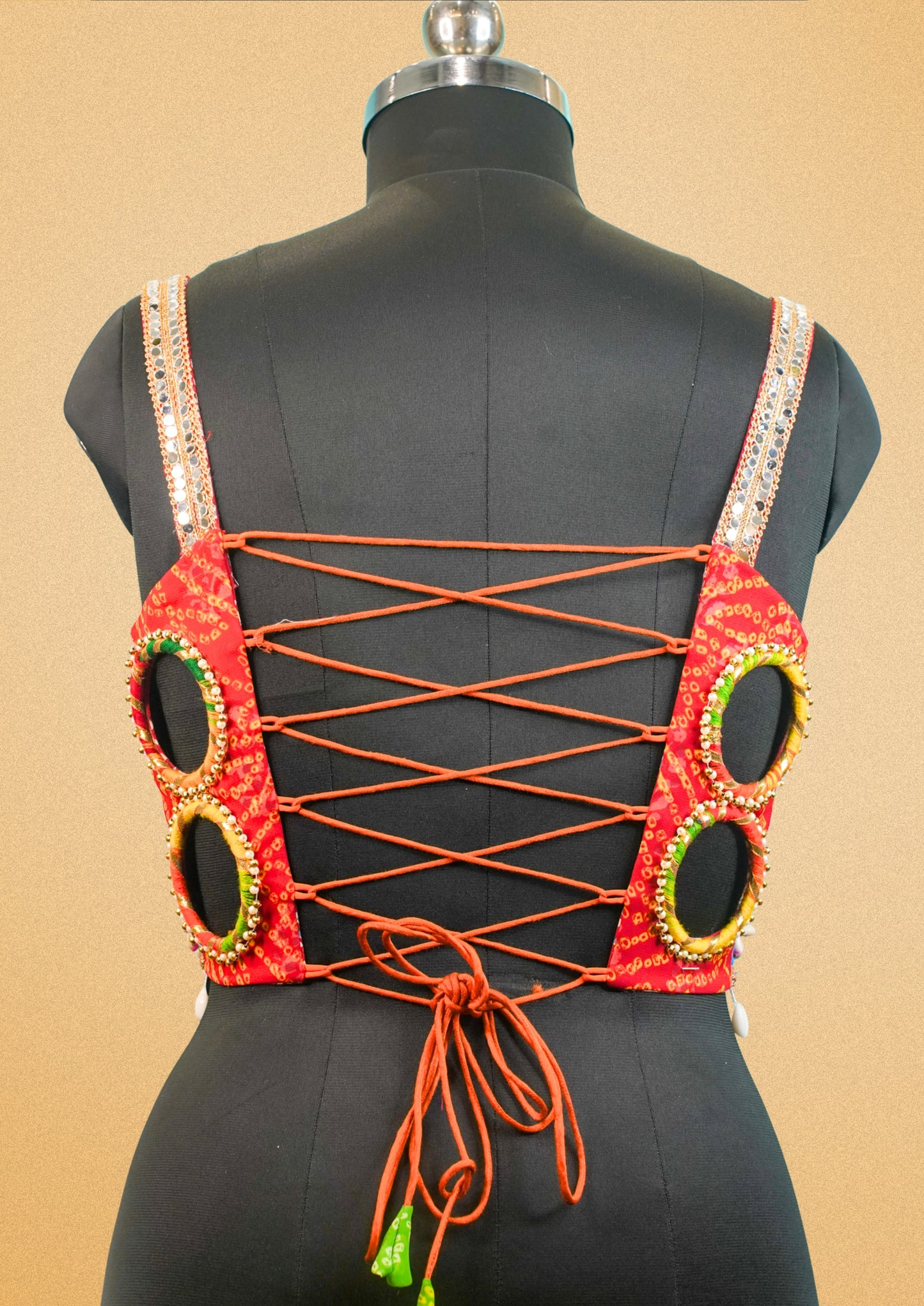 "RDM BL 028" Banarasi Bandhani Blouse Mirror Work Choli With Cowrie Shells & Embroidery