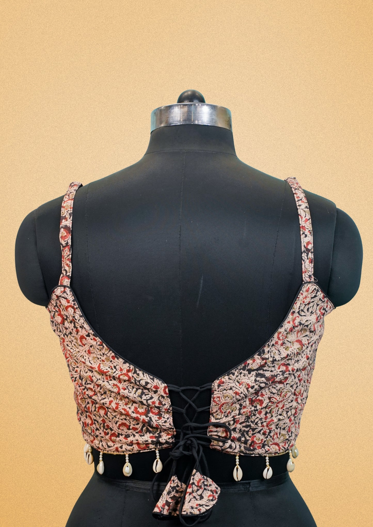 "RDM BL 006" Banarasi Black & Red Printed Blouse with Shell Tassels