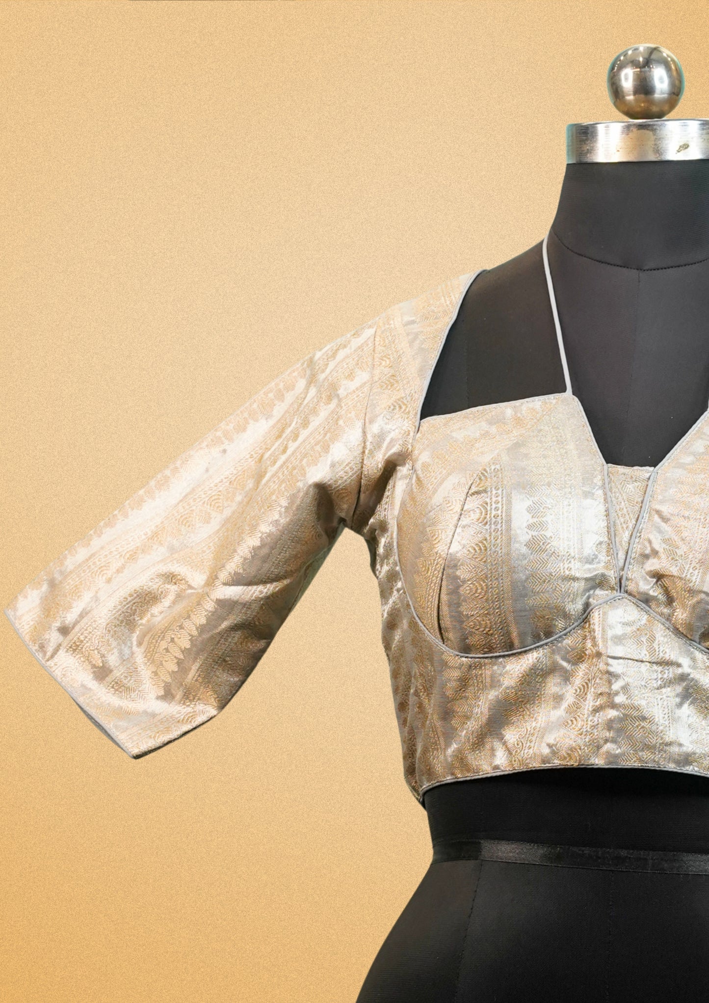 "RDM BL 30A" Banarasi Golden Blouse With Zari Weaving Half Sleeve Padded Choli With Dori Back Tie