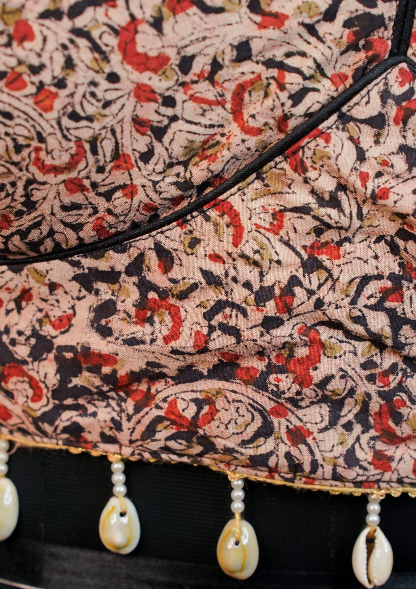 "RDM BL 006" Banarasi Black & Red Printed Blouse with Shell Tassels