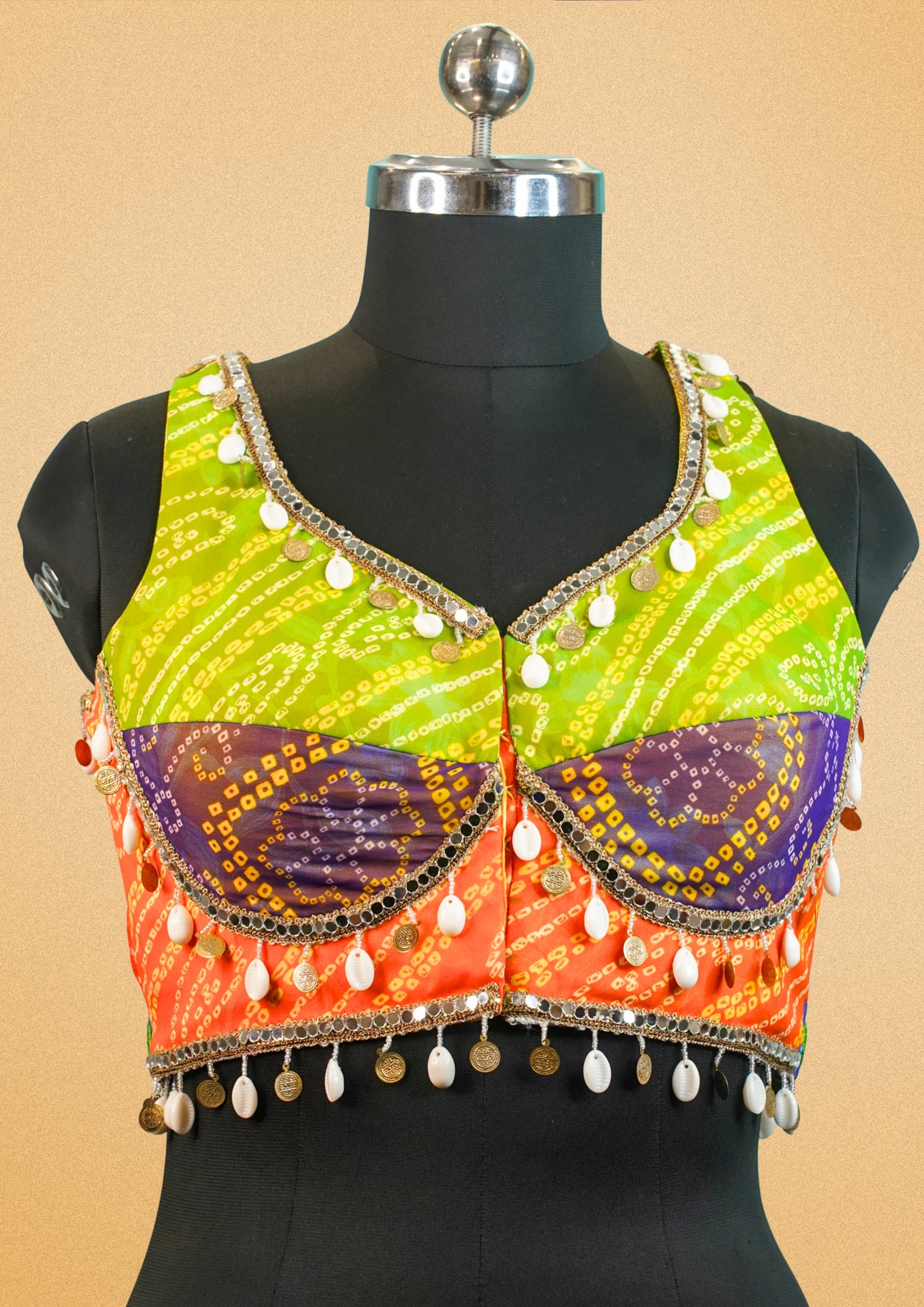 "RDM BL 025" Banarasi Multicolor Silk Blouse With Bandhani Print & Tassels