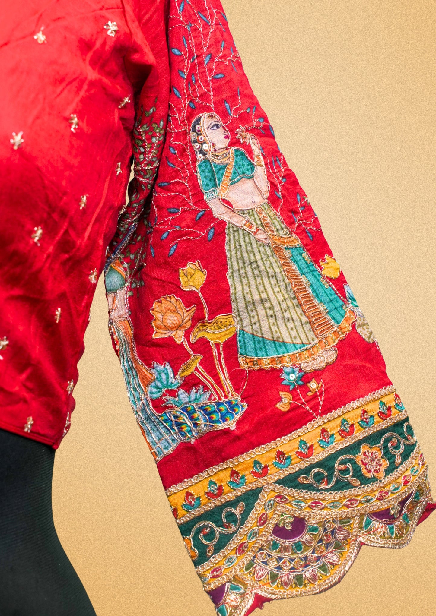 "RDM BL 014D" Banarasi Traditional Red Blouse with Embroidered Sleeves & Zari Detailing