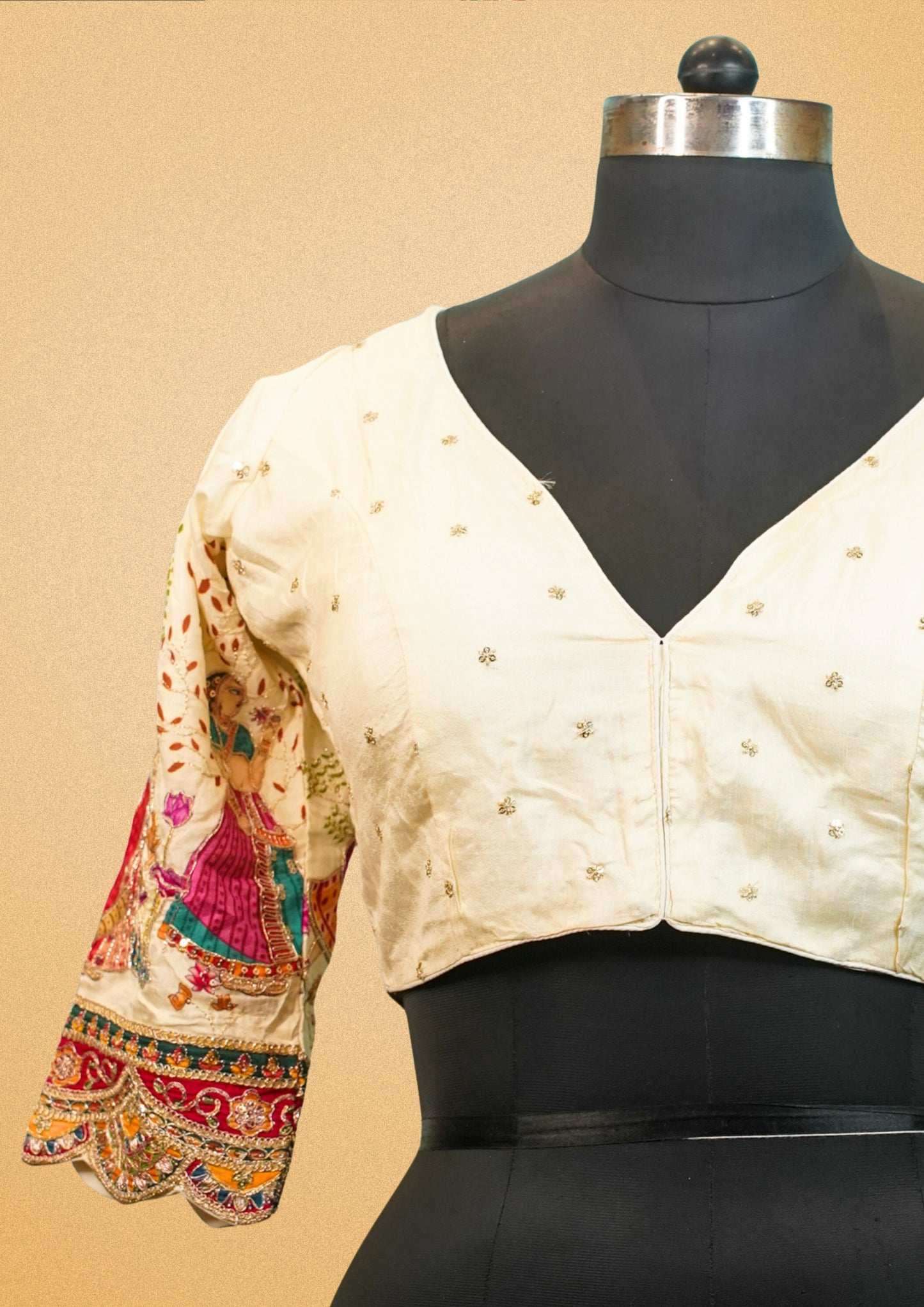 "RDM BL 014C" Banarasi Elegant Ivory Blouse with Embroidered Sleeves & Zari Work