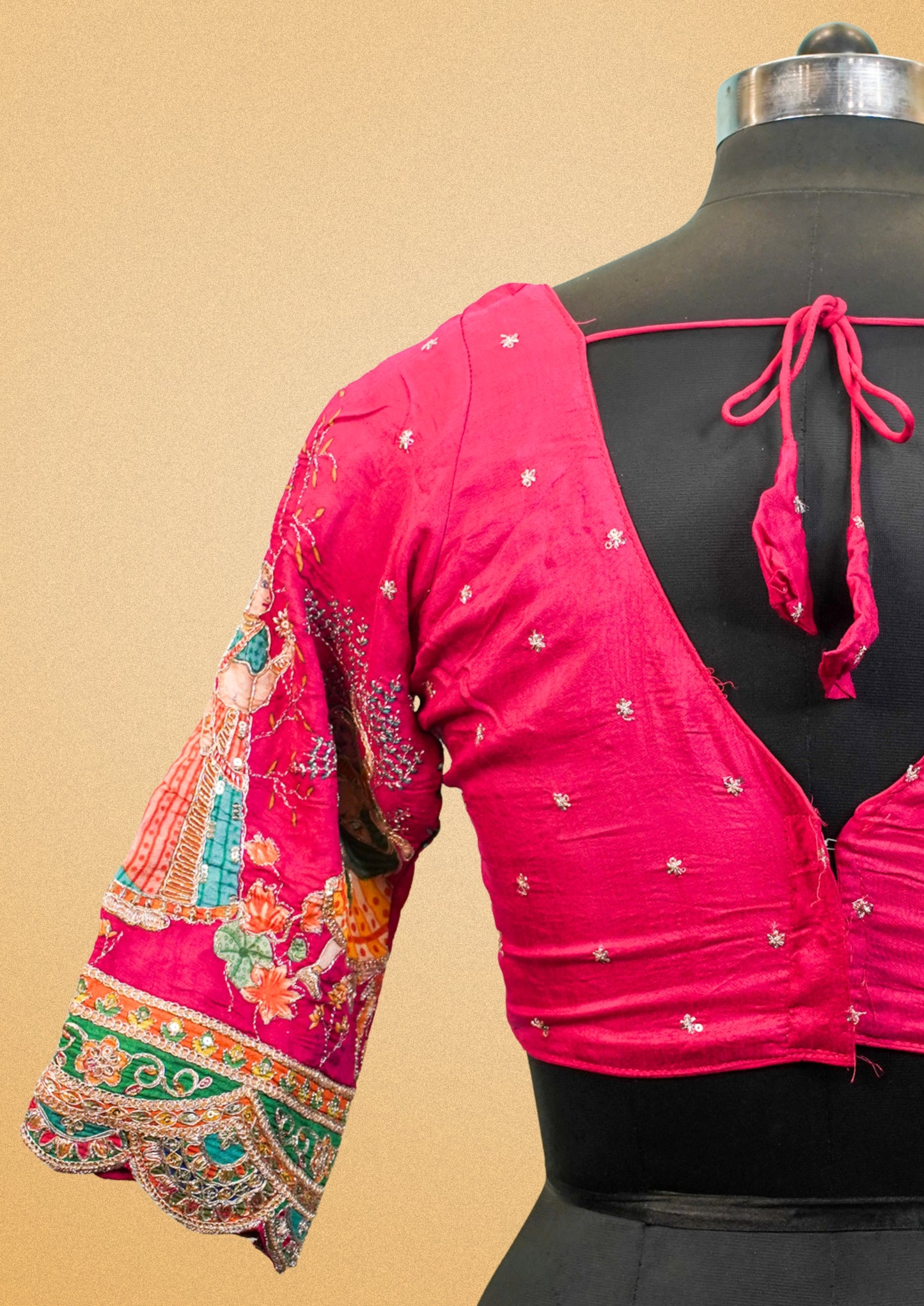 "RDM BL 014B" Designer Pink Banarasi Designer Pink Blouse With Embroidered Sleeves & Tie-Back Detailing