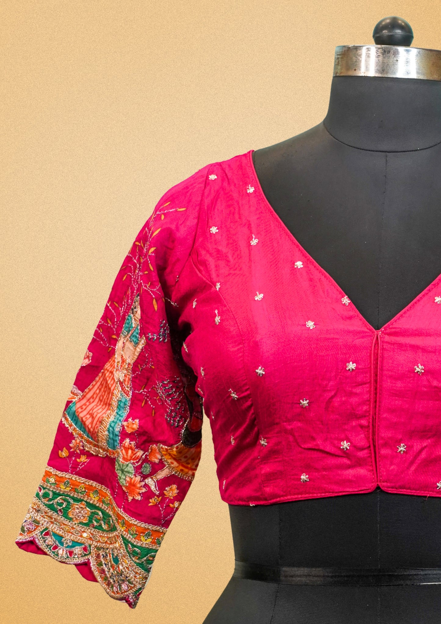 "RDM BL 014B" Designer Pink Banarasi Designer Pink Blouse With Embroidered Sleeves & Tie-Back Detailing