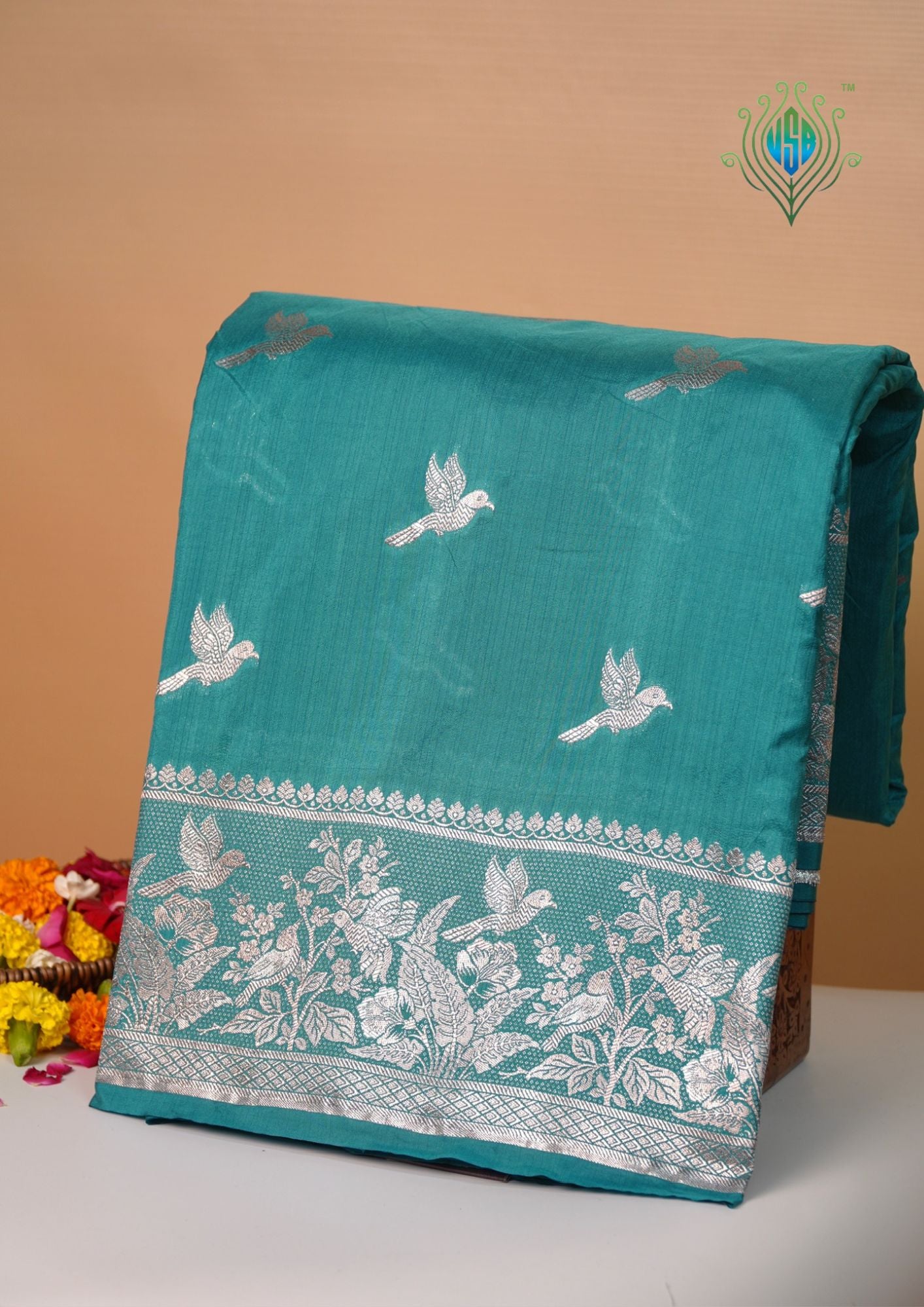 Waah Banaras 182A: Turquoise Blue Semi Katan Silk Saree With Beautiful Bird Border