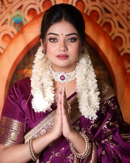 "Waah Banaras 065A" Banarasi Satan Silk Saree With Golden Zari Floral Weaving & Rich Border