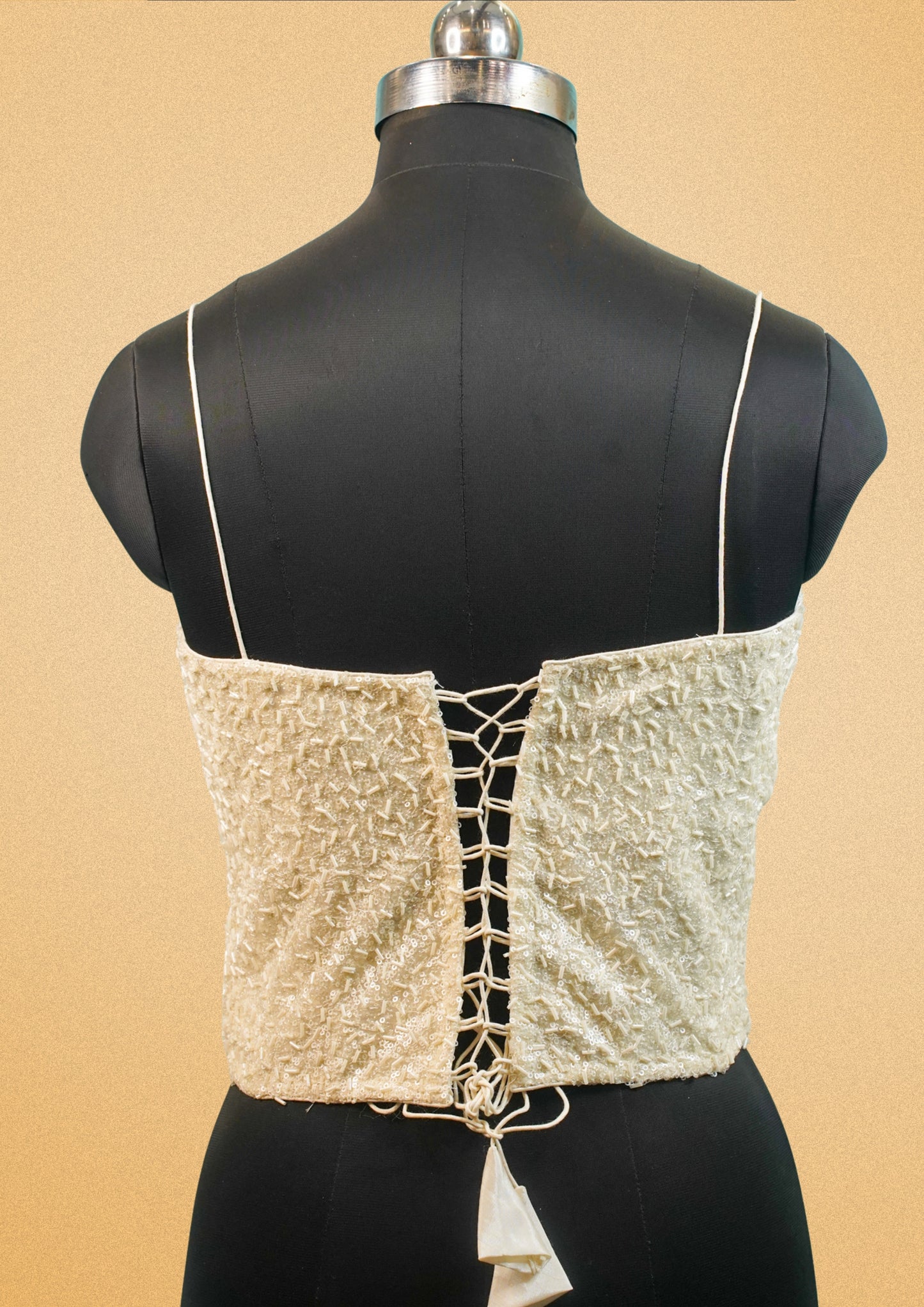 "RDM BL 026" Banarasi Classic Golden White Sequin Blouse With Spaghetti Straps & Back Lace Design