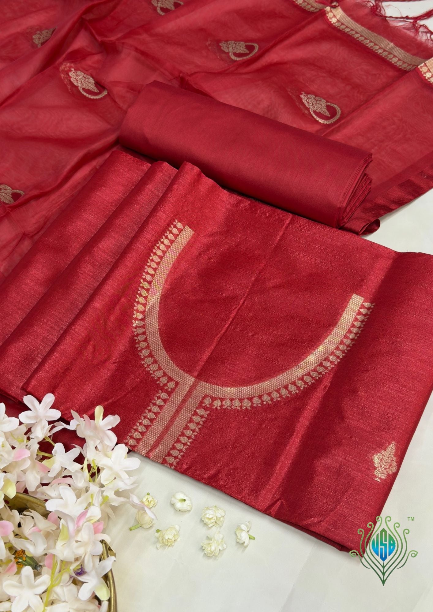 MANSI 118: Pure Red Raw Silk Unstitched Suit Set with Elegant Gold Zari Work