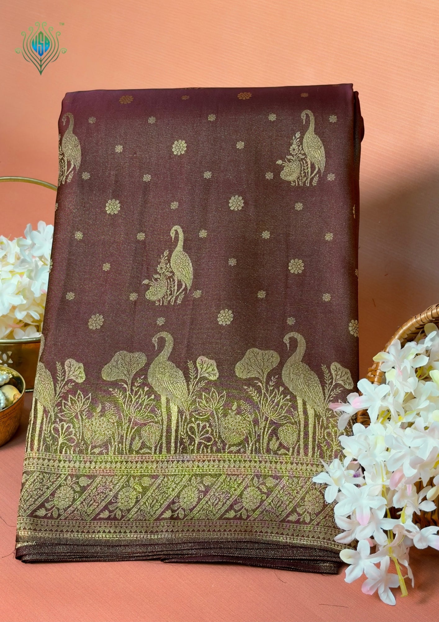 UTSAV BANARAS 443: Rich Brown Soft Tissue Silk Saree with Zari Floral & Peacock Border