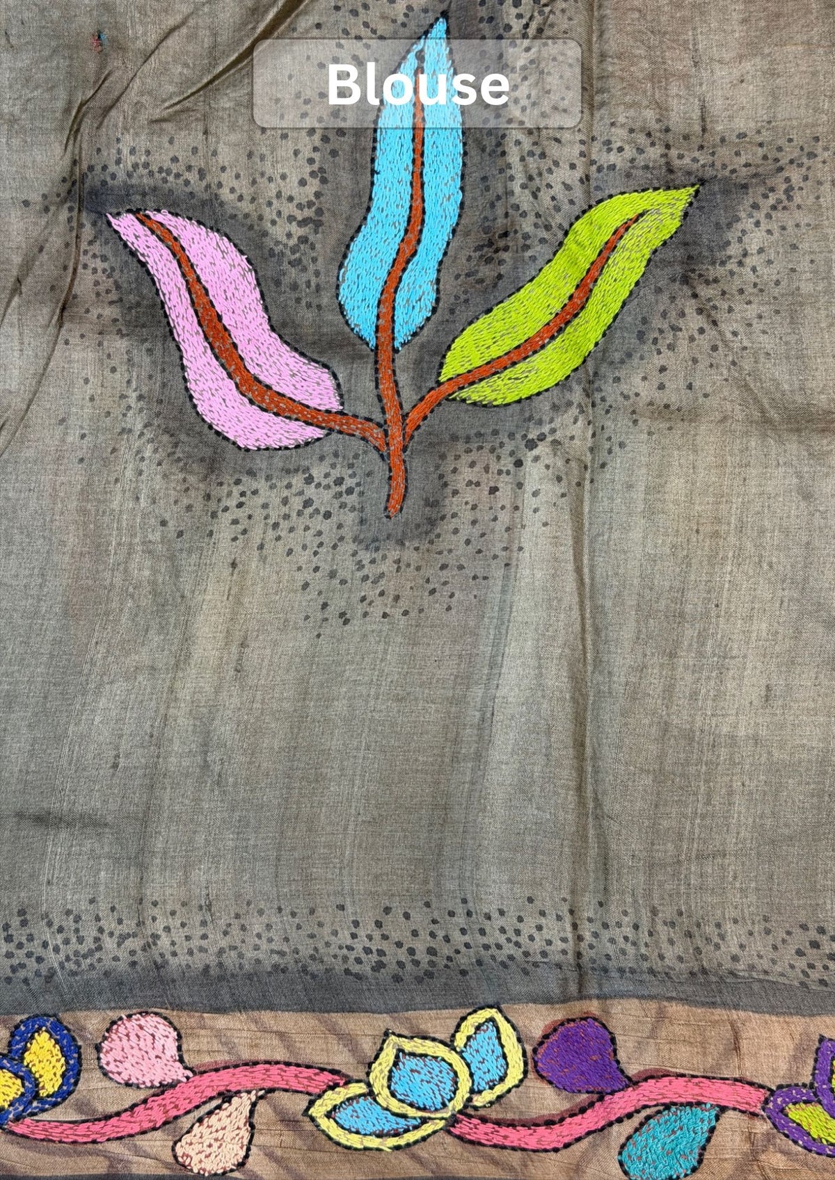 VIRASAT 398: Matte Gold Pure Tussar Silk Kantha Work Saree | Silk Mark Certified