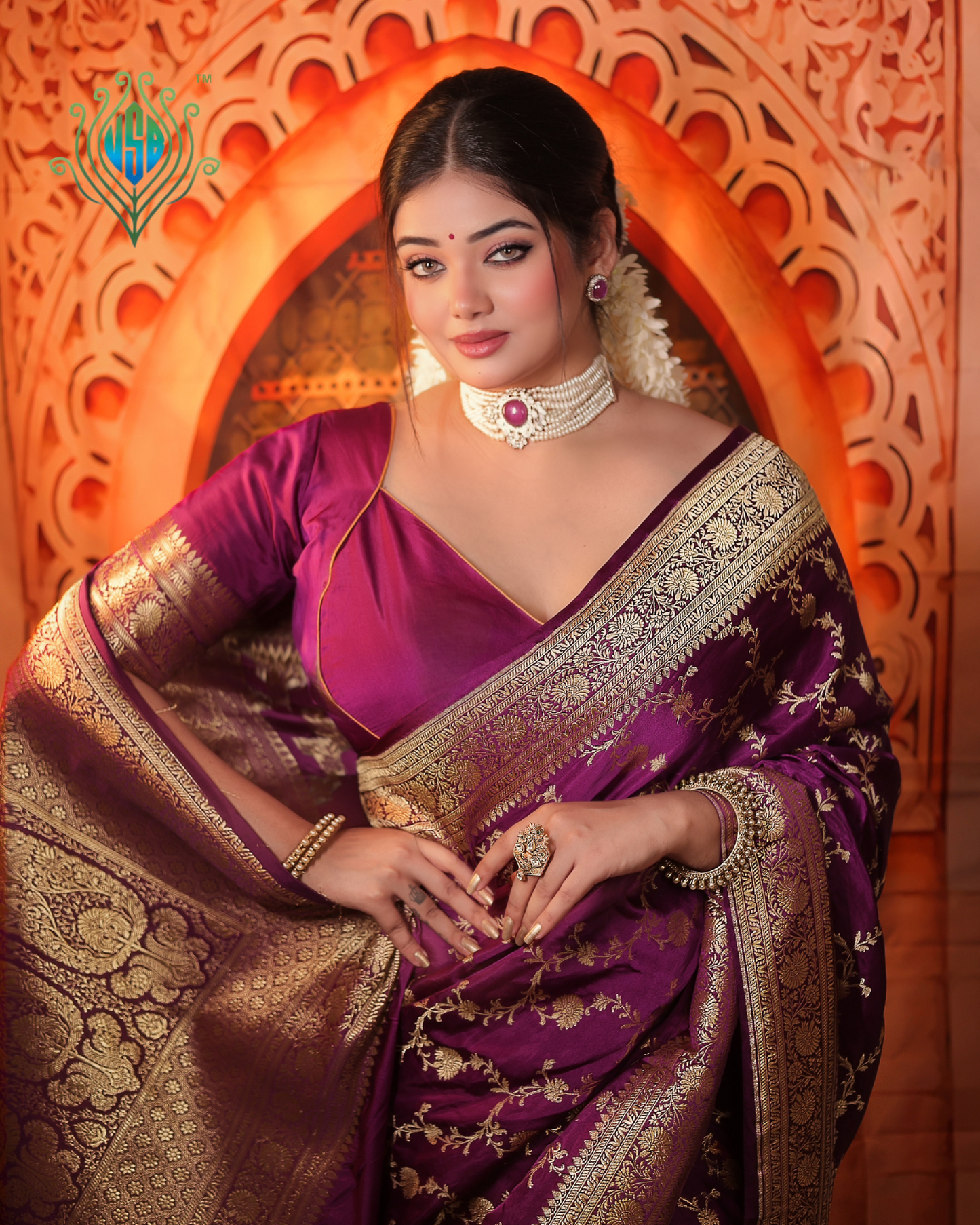 "Waah Banaras 065A" Banarasi Satan Silk Saree With Golden Zari Floral Weaving & Rich Border