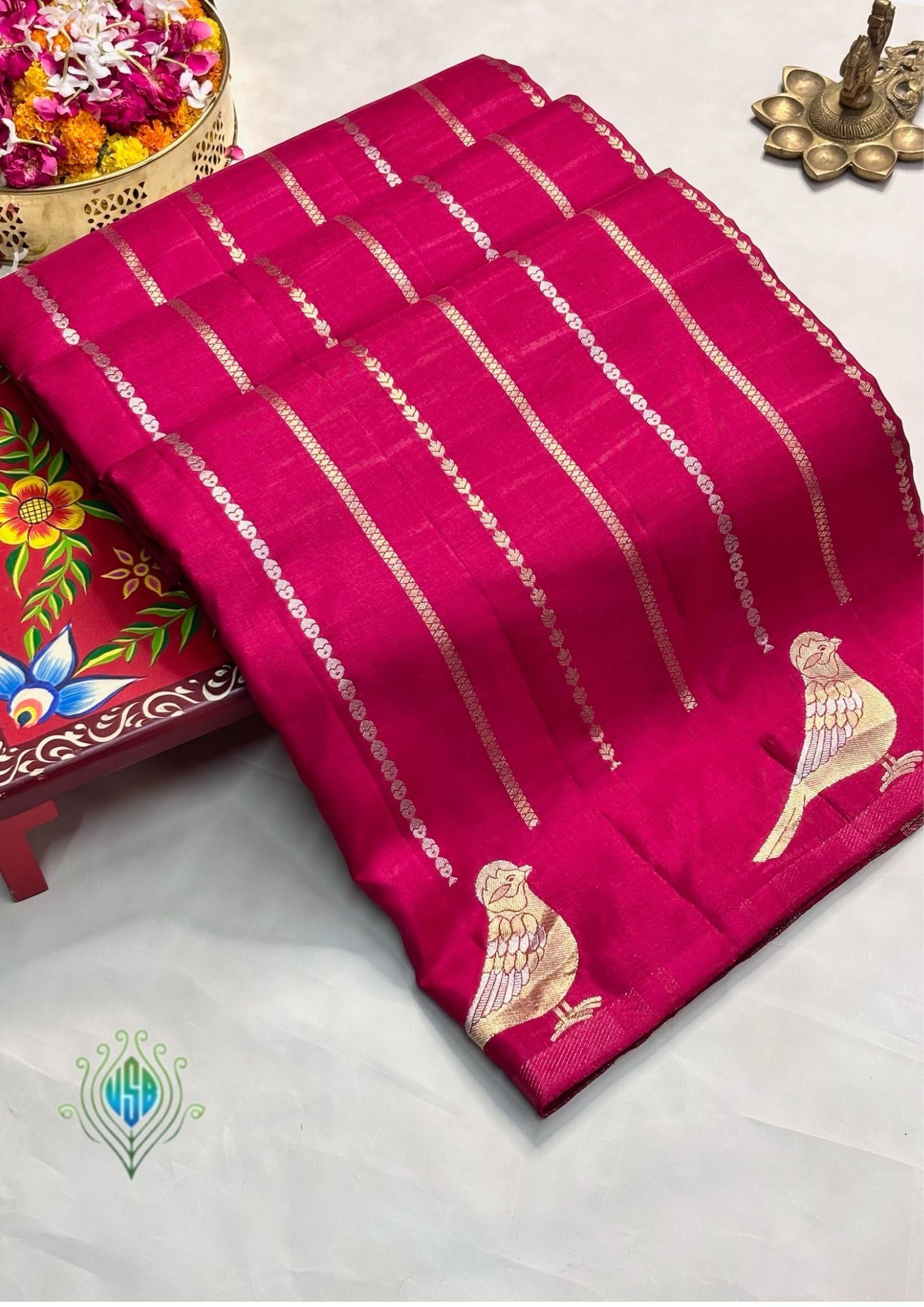 Waah Banaras 157: Pinkish Red Mashru Silk Saree with Sona Rupa Zari Stripes & Key Feather Bird Motifs