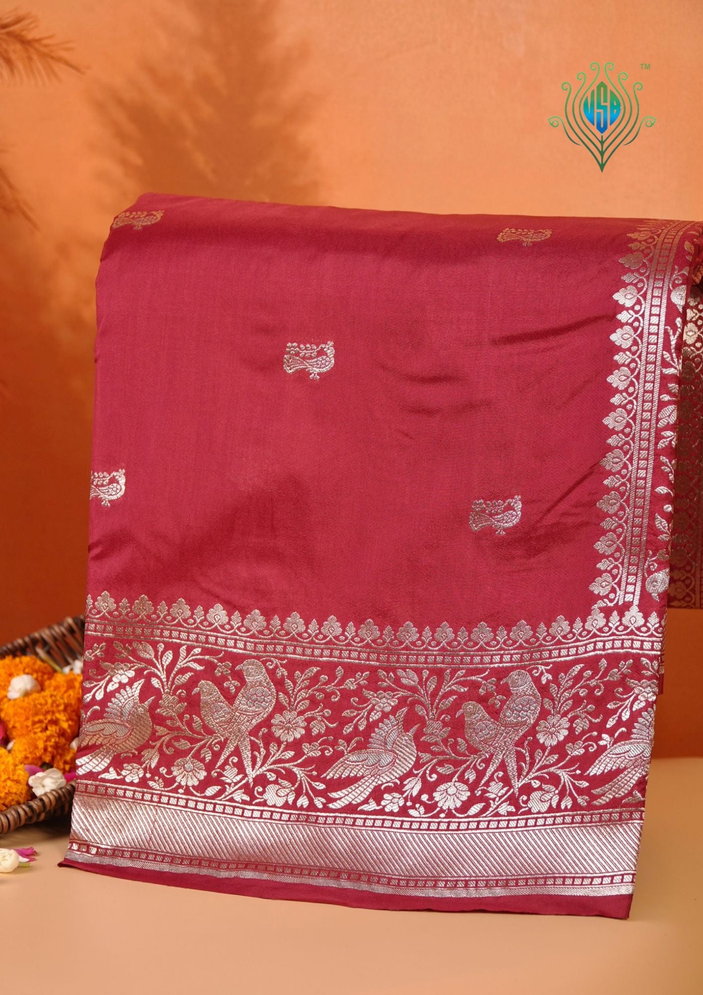 Waah Banaras 181A: Rich Maroon Semi Katan Silk Saree With Beautiful Bird Border