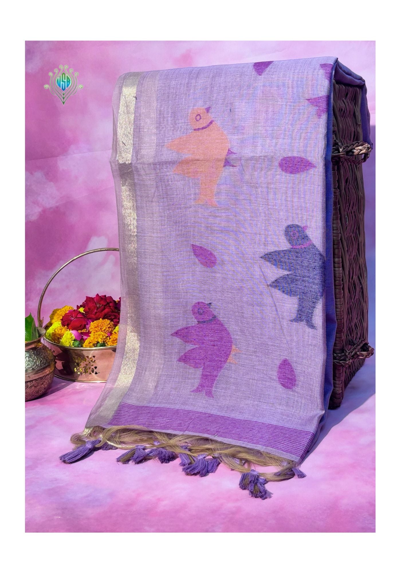 Utsav Banaras 069: Elegant Lilac Jamdani Saree with Artistic Bird & Floral Weave