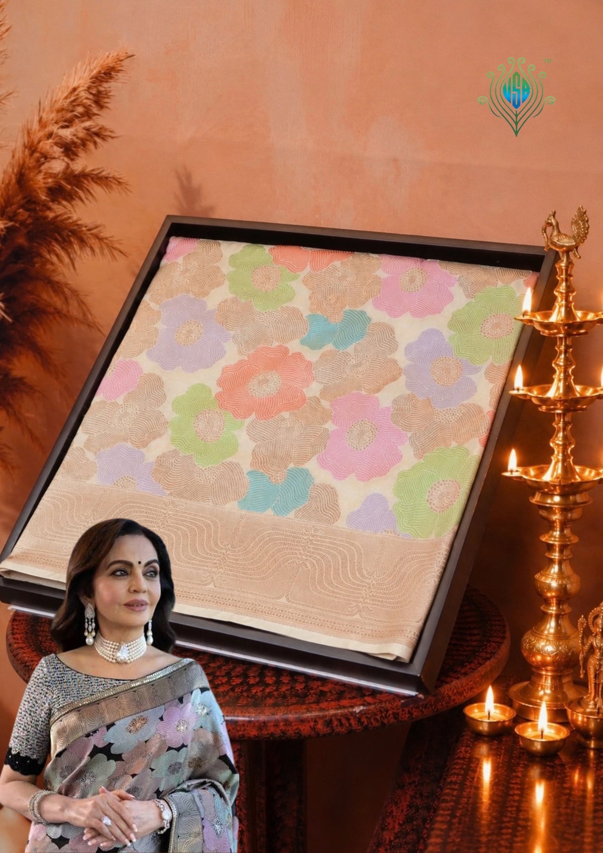 VIRASAT 425B: Beautiful Creamy White Pure Handloom Rangkat Katan Silk Saree Floral Meenakari With Silk Mark Certified