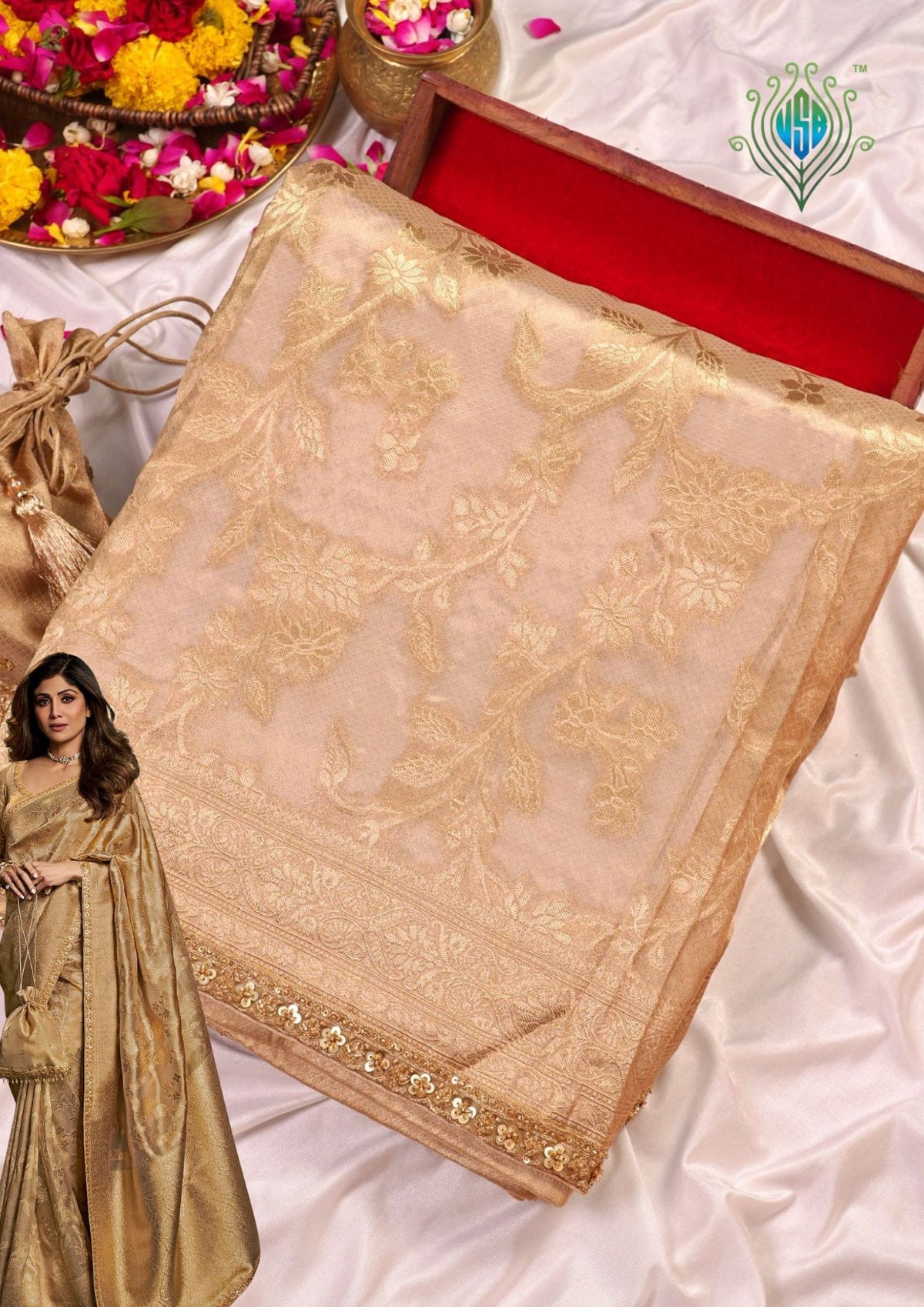 VIRASAT 1002: Gold Tissue Katan Silk Floral Zari Jaal Saree with Zardozi Border