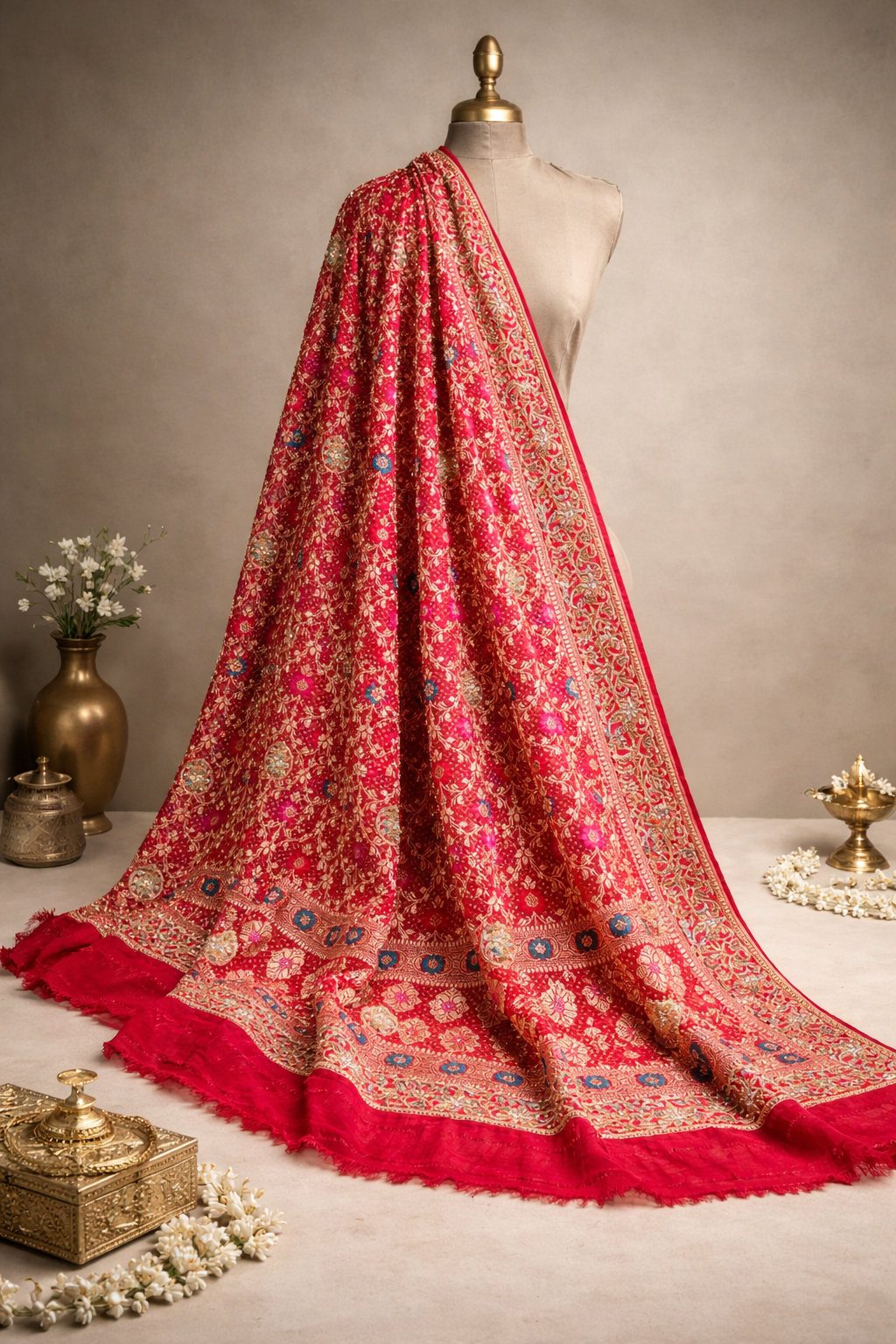ODHANA 015: Bright Red Handcrafted Bandhani Pure Khaddi Georgette Odhana with Zari Border